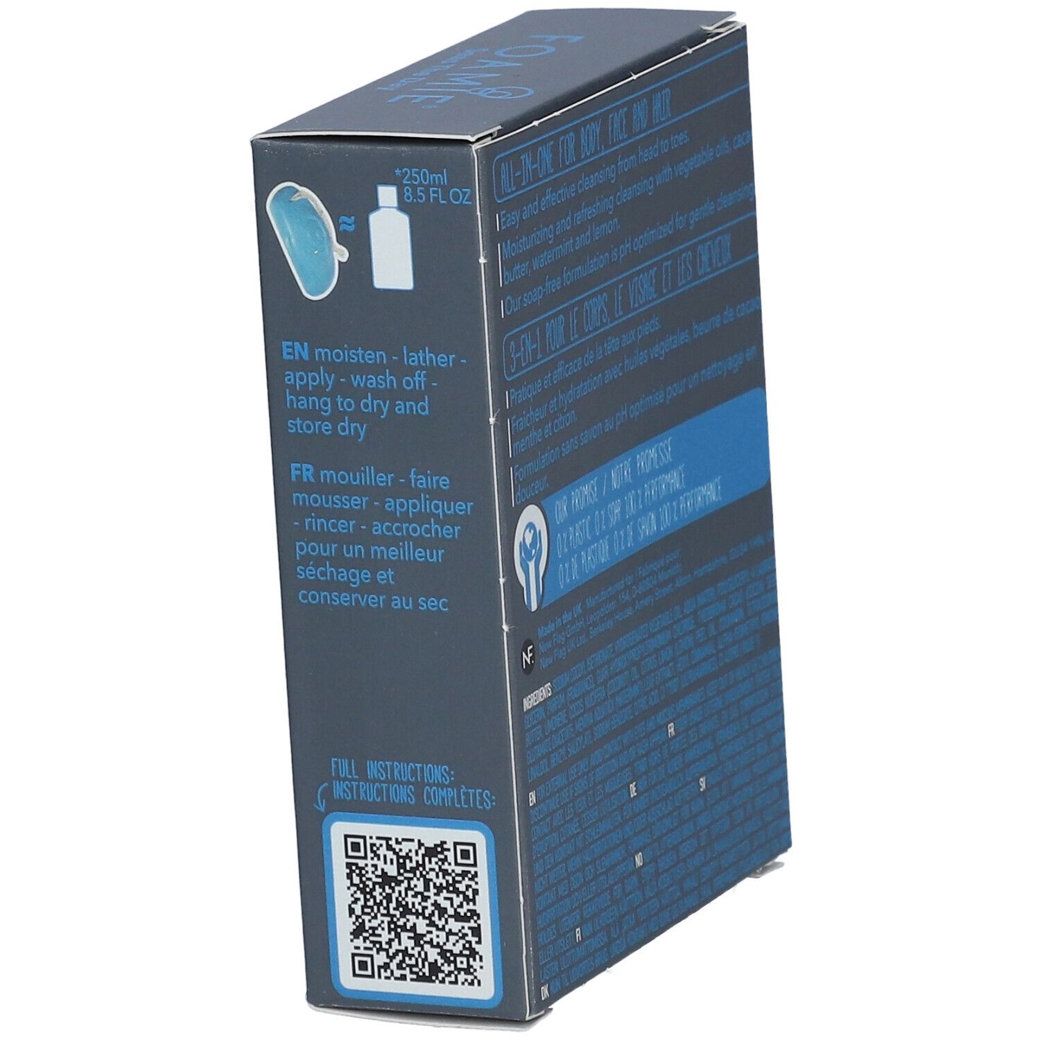 Dos de la boîte avec instructions en anglais et français. Contient une illustration du produit et un code QR. Texte: 3-en-1, Men Homme.