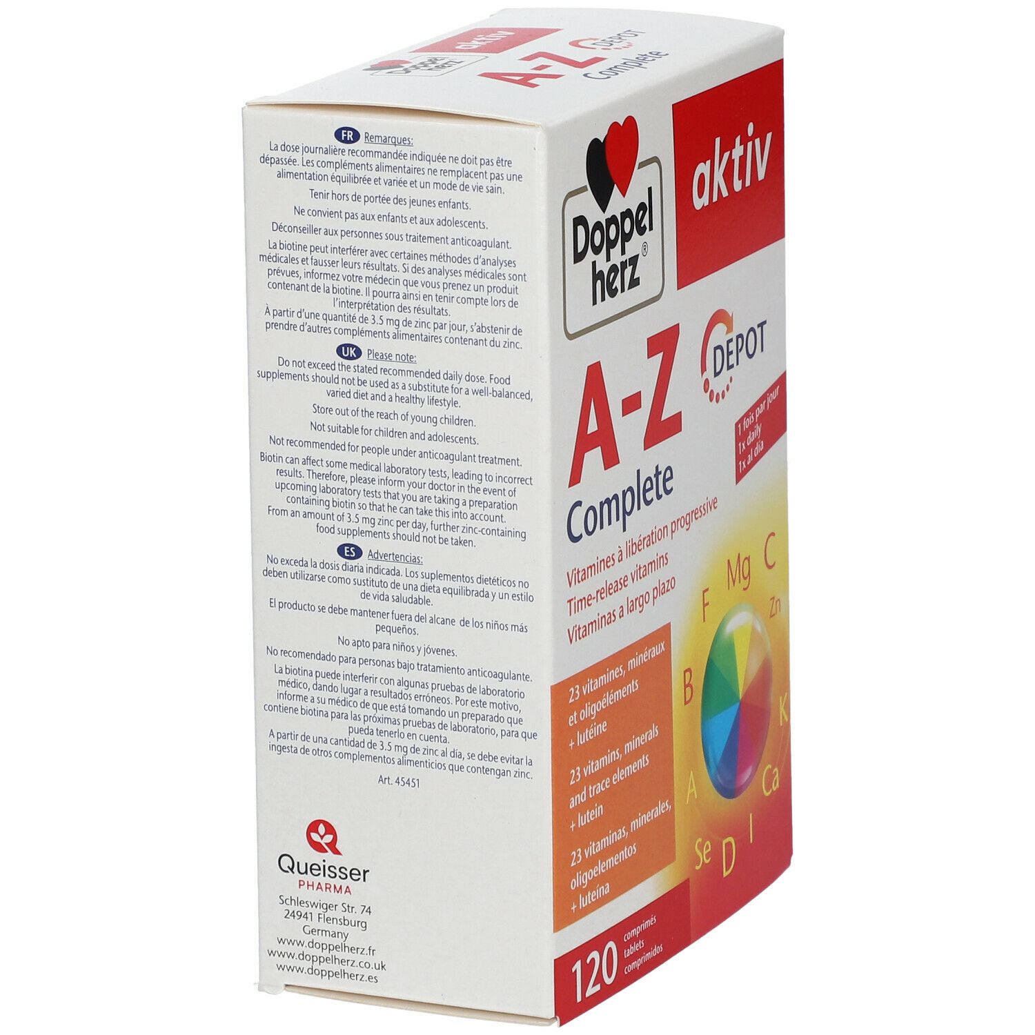 Doppelherz aktiv A-Z Complete DEPOT-Schachtel, Seitenansicht. Enthält 120 Tabletten. Mehrsprachige Produktinformationen.