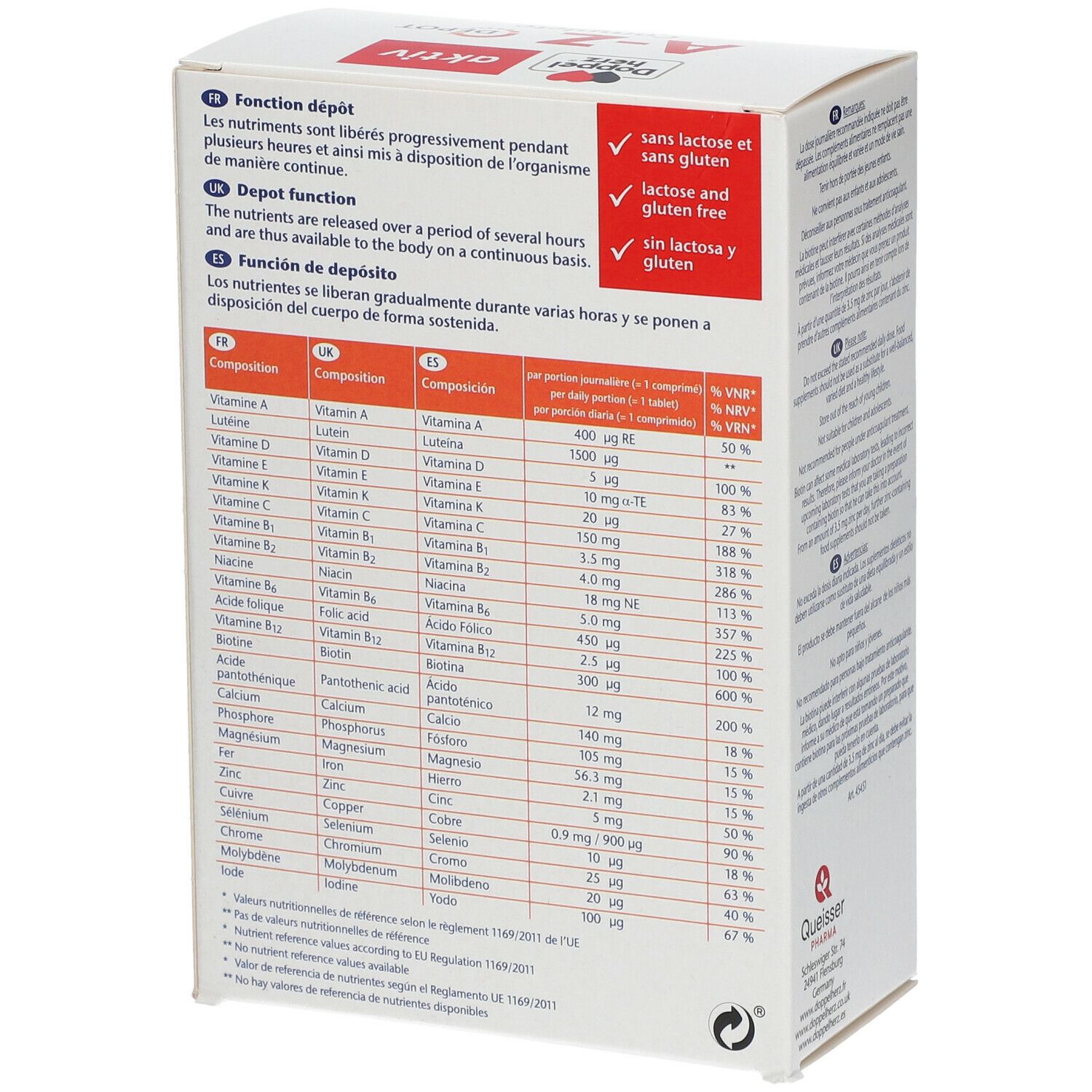 Rückseite der Doppelherz aktiv A-Z Complete DEPOT-Schachtel. Enthält eine Tabelle mit Inhaltsstoffen und Nährwerten.