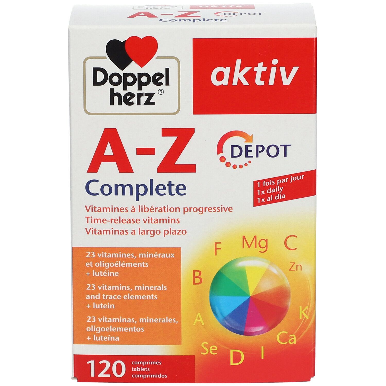 Doppelherz aktiv A-Z Complete DEPOT. Weiße Schachtel mit Produktinformationen. Enthält 120 Tabletten. Mehrsprachige Beschriftung.
