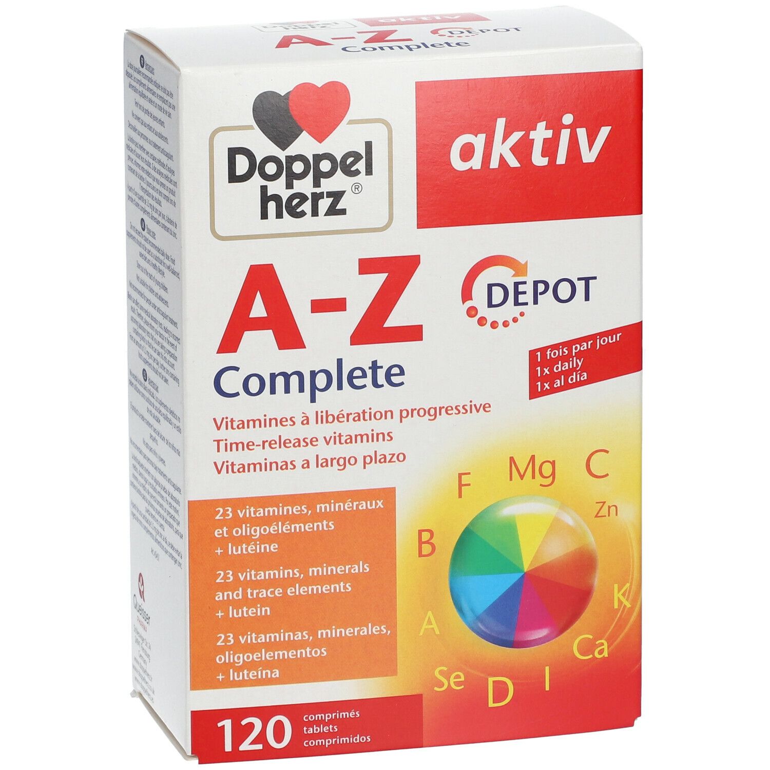 Doppelherz aktiv A-Z Complete DEPOT. Weiße Schachtel mit Produktinformationen. Enthält 120 Tabletten. Mehrsprachige Beschriftung.