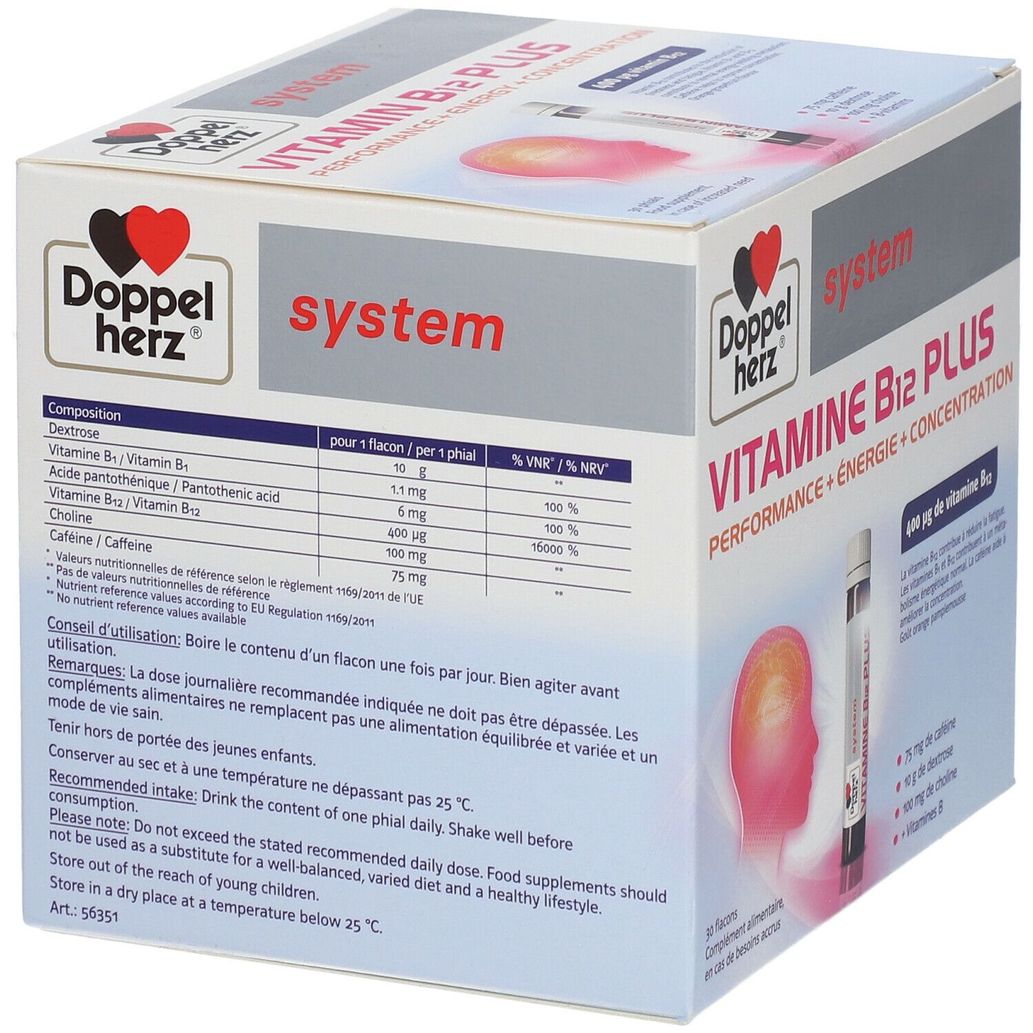 Verpackung von Doppelherz system Vitamin B12 PLUS Energie. Enthält eine Tabelle mit Inhaltsstoffen und Nährwerten pro Fläschchen.