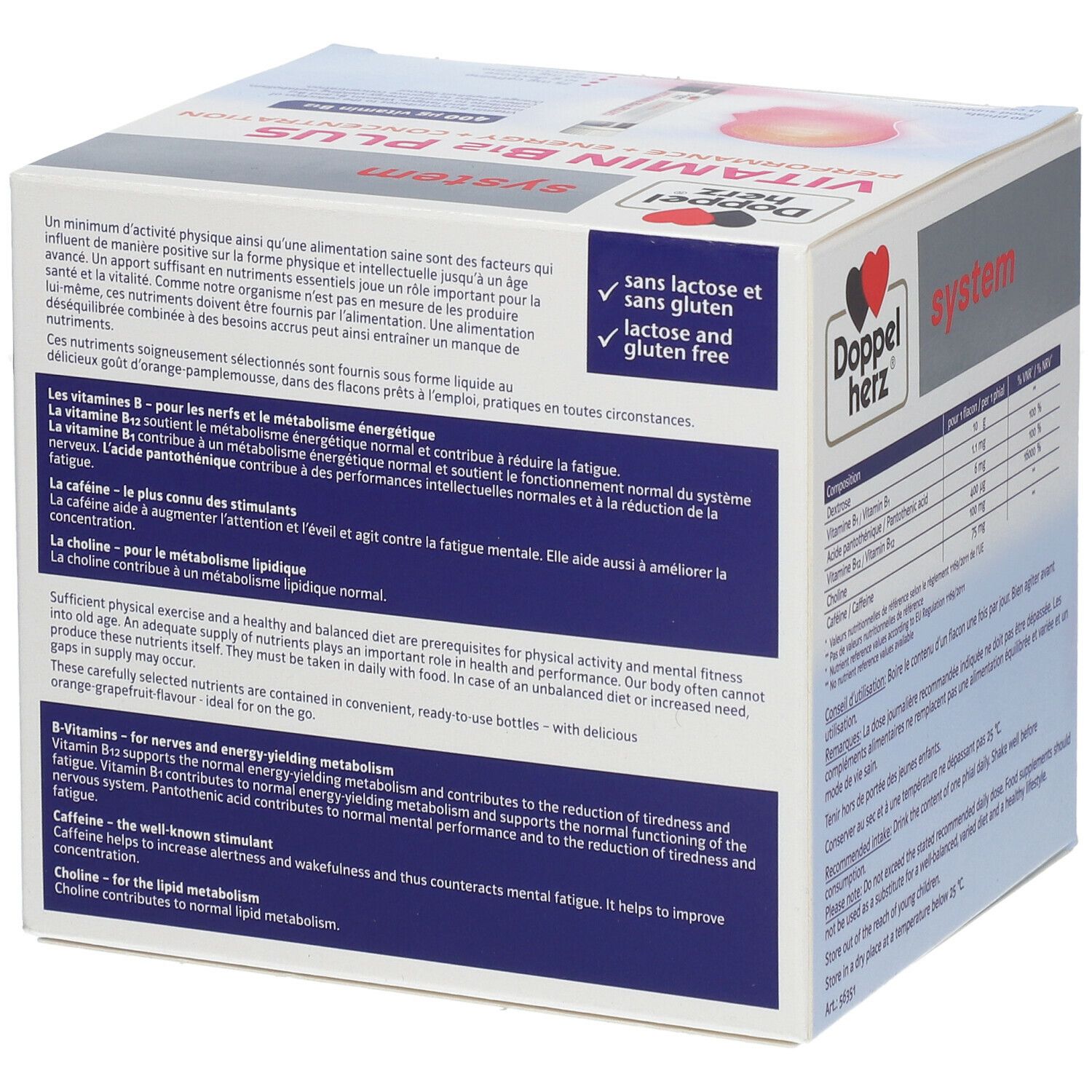 Verpackung von Doppelherz system Vitamin B12 PLUS Energie. Text: Ohne Laktose und Gluten. Beschreibung der Inhaltsstoffe und Vorteile.
