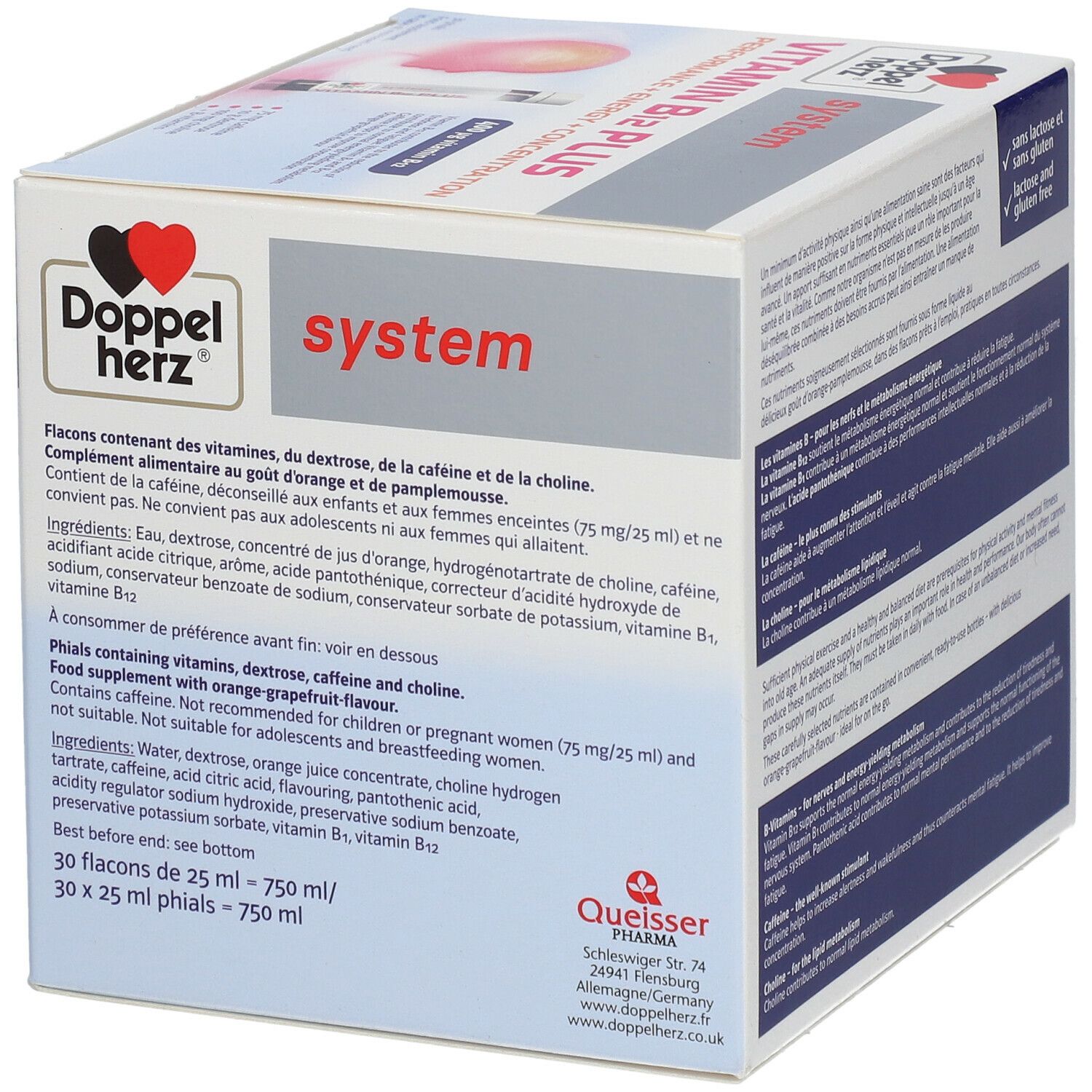 Verpackung von Doppelherz system Vitamin B12 PLUS Energie. Text: Inhaltsstoffe, Verzehrempfehlung, Herstelleradresse und Haltbarkeitsdatum.
