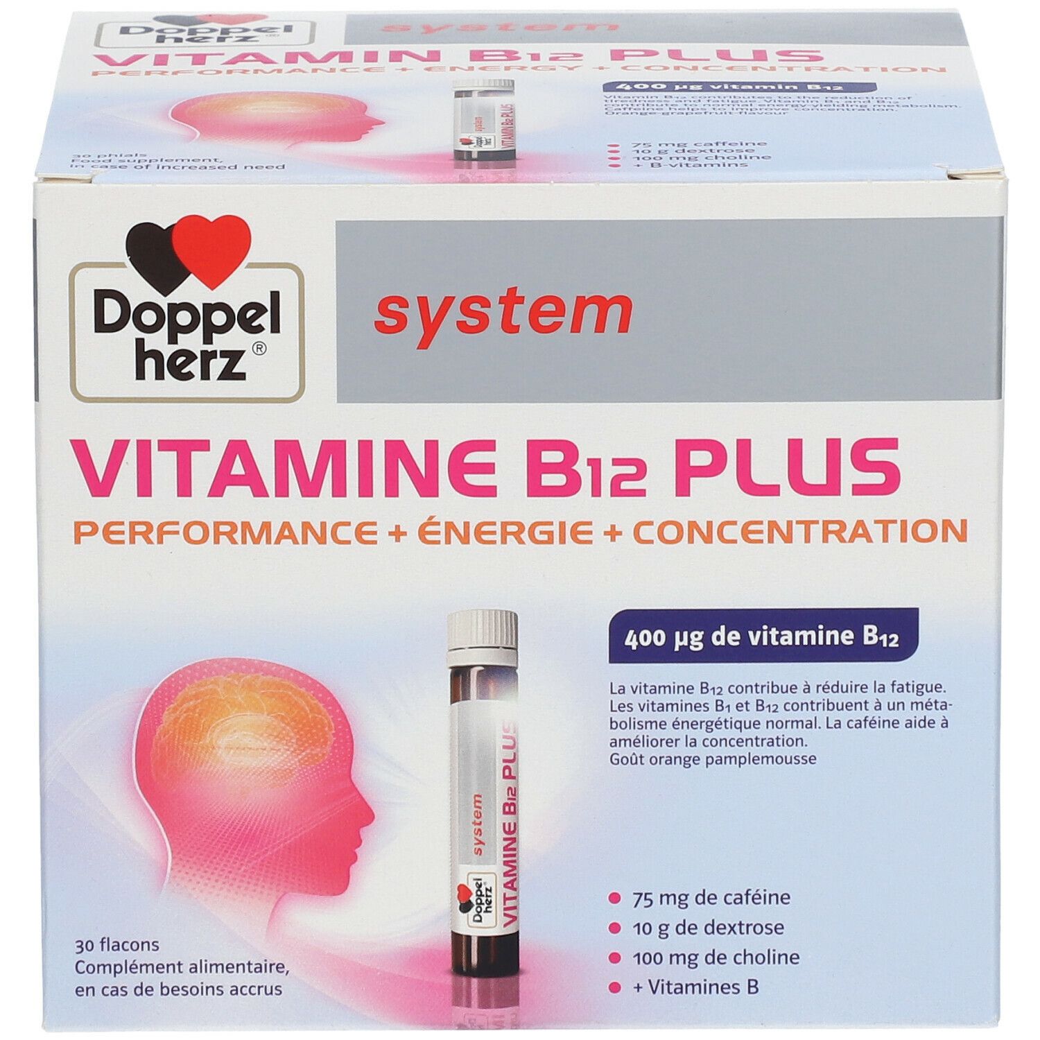 Verpackung von Doppelherz system Vitamin B12 PLUS Energie. Enthält Fläschchen. Text: Vitamin B12 PLUS, Performance + Energie + Konzentration.