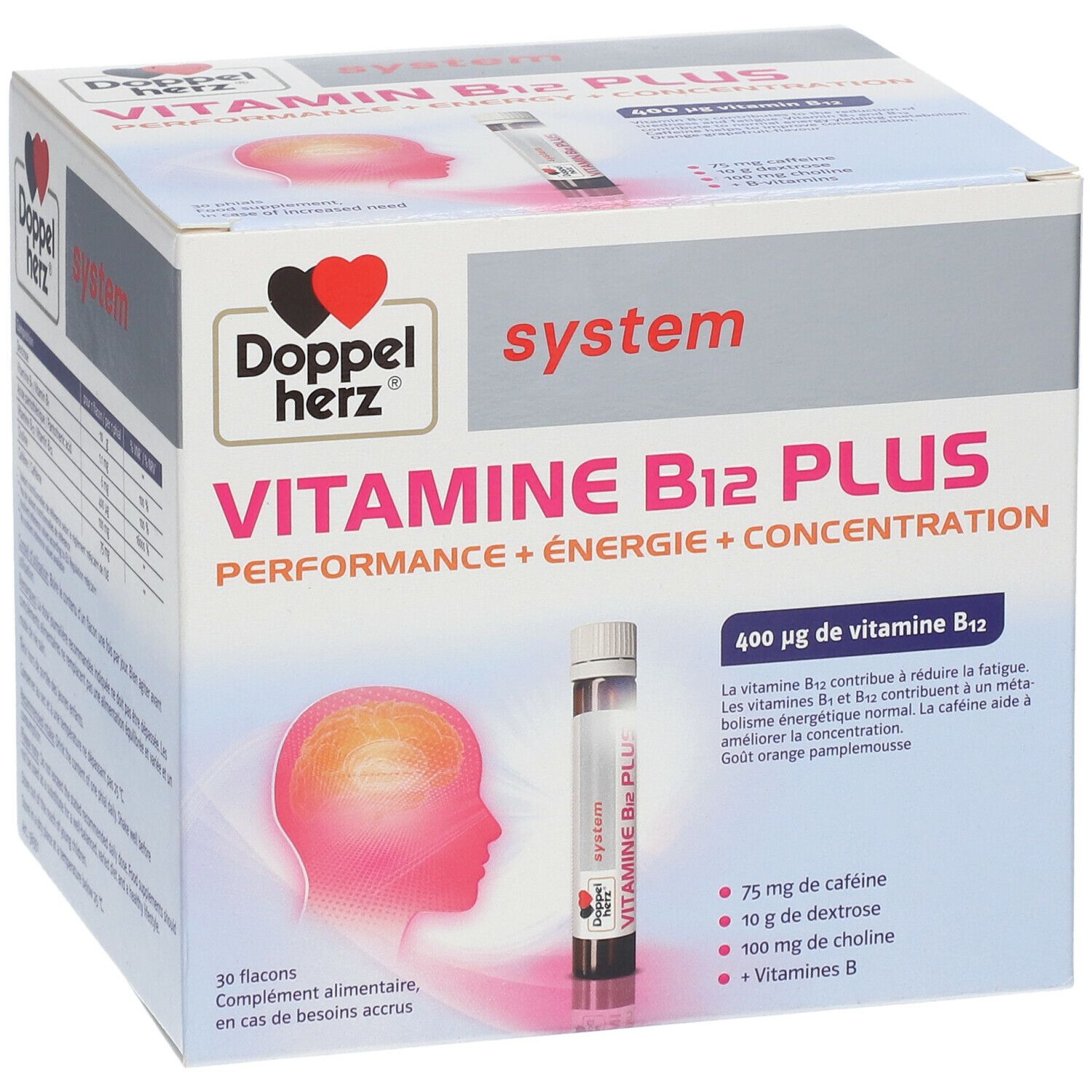 Verpackung von Doppelherz system Vitamin B12 PLUS Energie. Enthält Fläschchen. Text: Vitamin B12 PLUS, Performance + Energie + Konzentration.