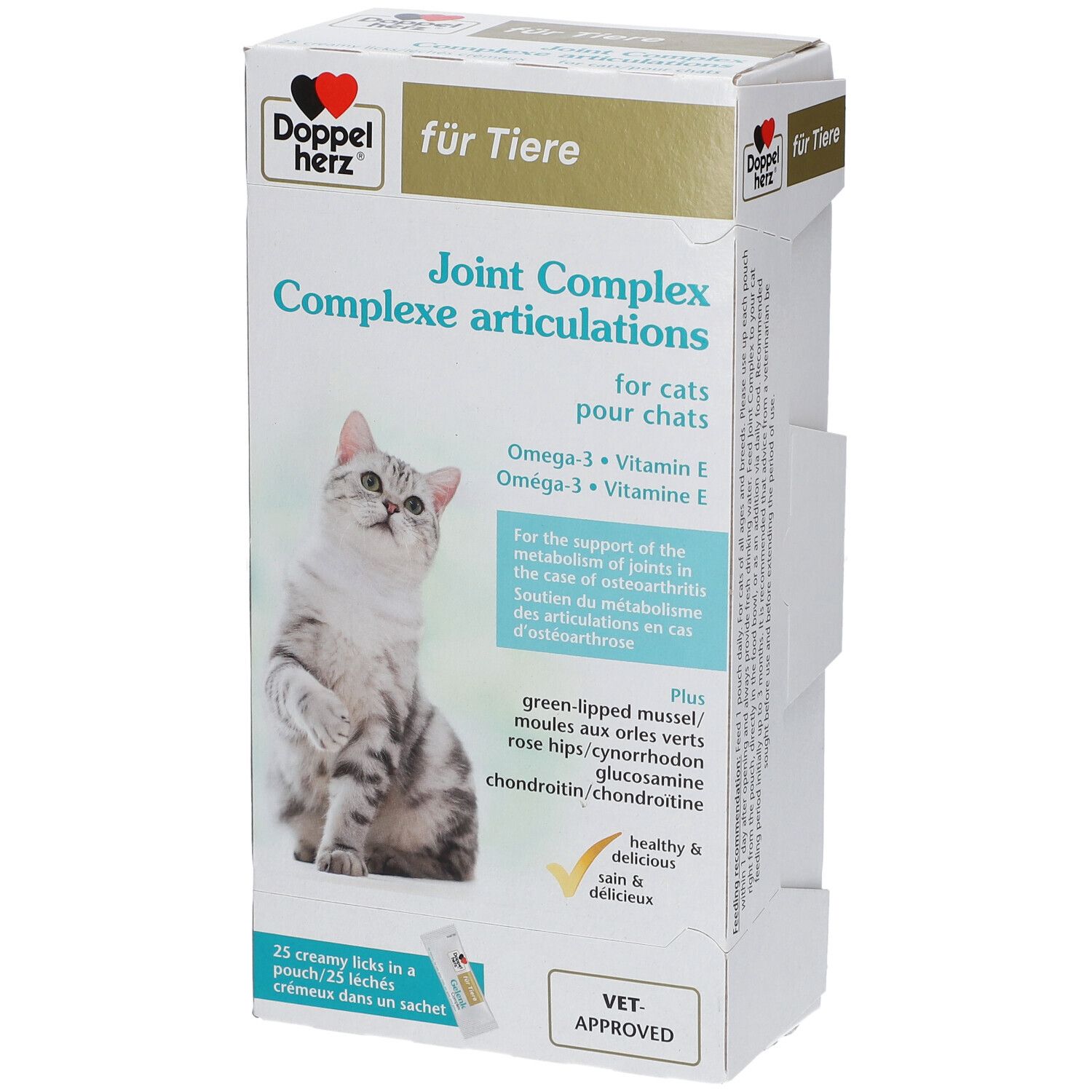 Doppelherz® für Tiere Gelenk Complex. Karton mit Produktabbildung und Katze. Text: Joint Complex, Omega-3, Vitamin E. VET. APPROVED.