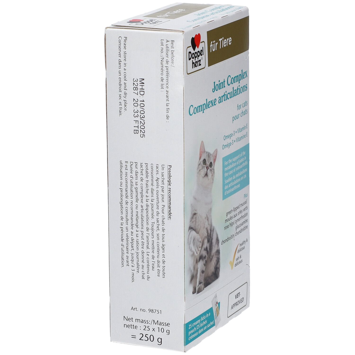 Doppelherz® für Tiere Gelenk Complex. Karton, Seitenansicht. Text: Joint Complex, MHD, 250g. Mit Katze und Produktabbildung.