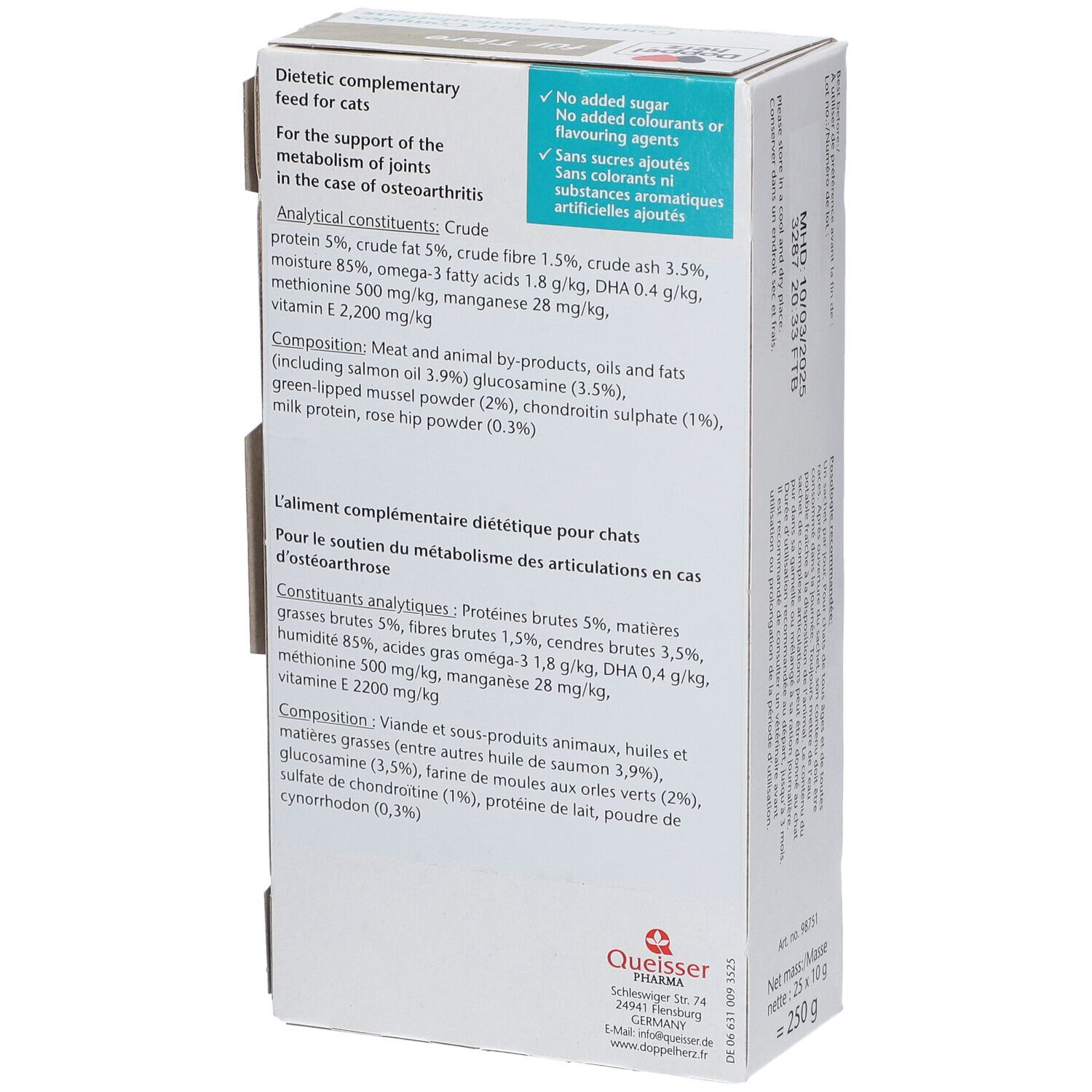 Doppelherz® für Tiere Gelenk Complex. Karton, Rückseite. Text: Analytische Bestandteile, Inhaltsstoffe, ohne Zuckerzusatz.