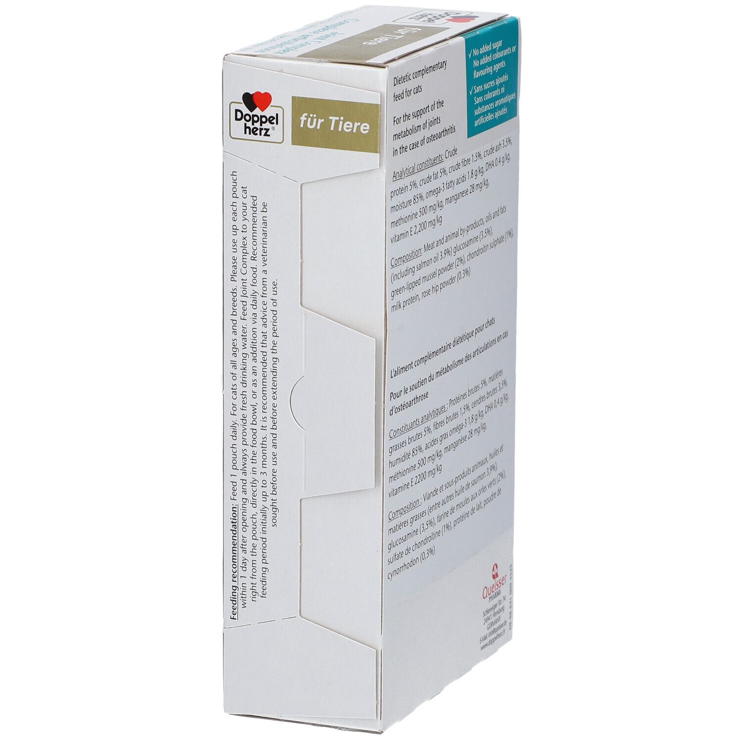 Doppelherz® für Tiere Gelenk Complex. Karton, Seitenansicht. Text: Fütterungsempfehlung, ohne Zuckerzusatz.