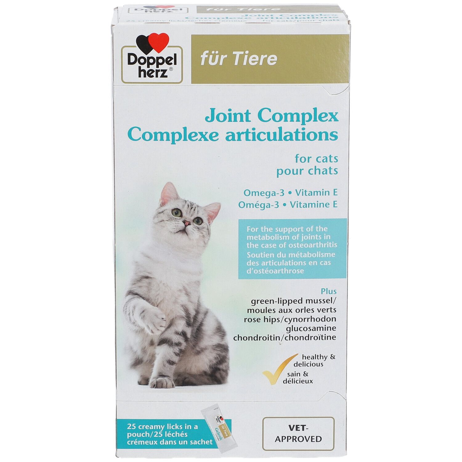 Doppelherz® für Tiere Gelenk Complex. Karton mit Produktabbildung und Katze. Text: Joint Complex, Omega-3, Vitamin E. VET. APPROVED.