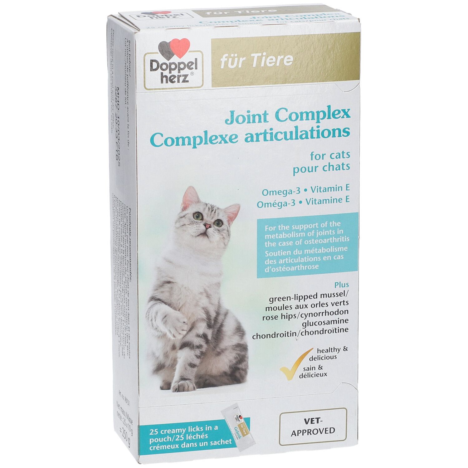 Doppelherz® für Tiere Gelenk Complex. Karton mit Produktabbildung und Katze. Text: Joint Complex, Omega-3, Vitamin E. VET. APPROVED.