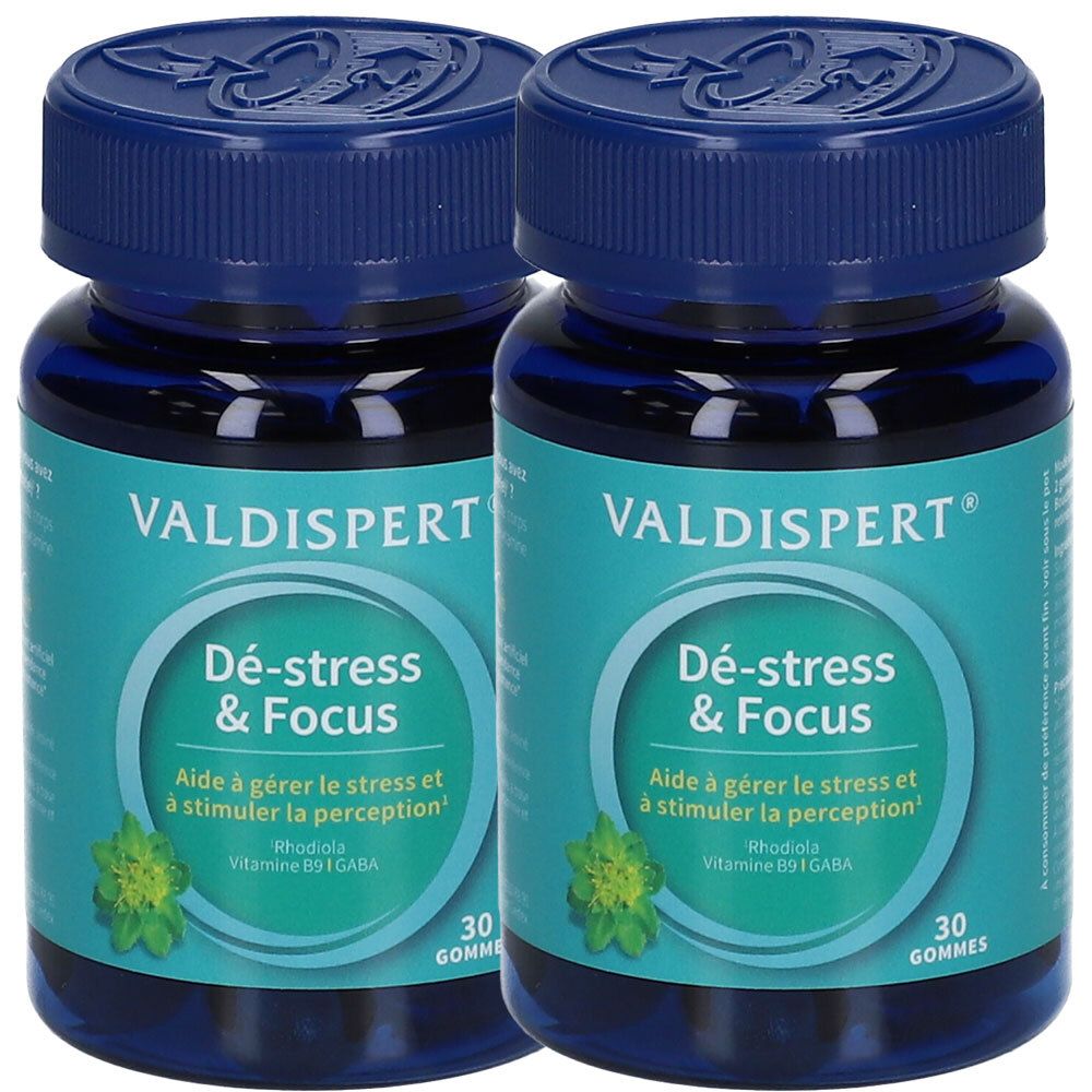 Deux flacons bleus VALDISPERT® Dé-stress & Focus. Inscription: Dé-stress & Focus, 30 gommes. Avec des bouchons bleus.