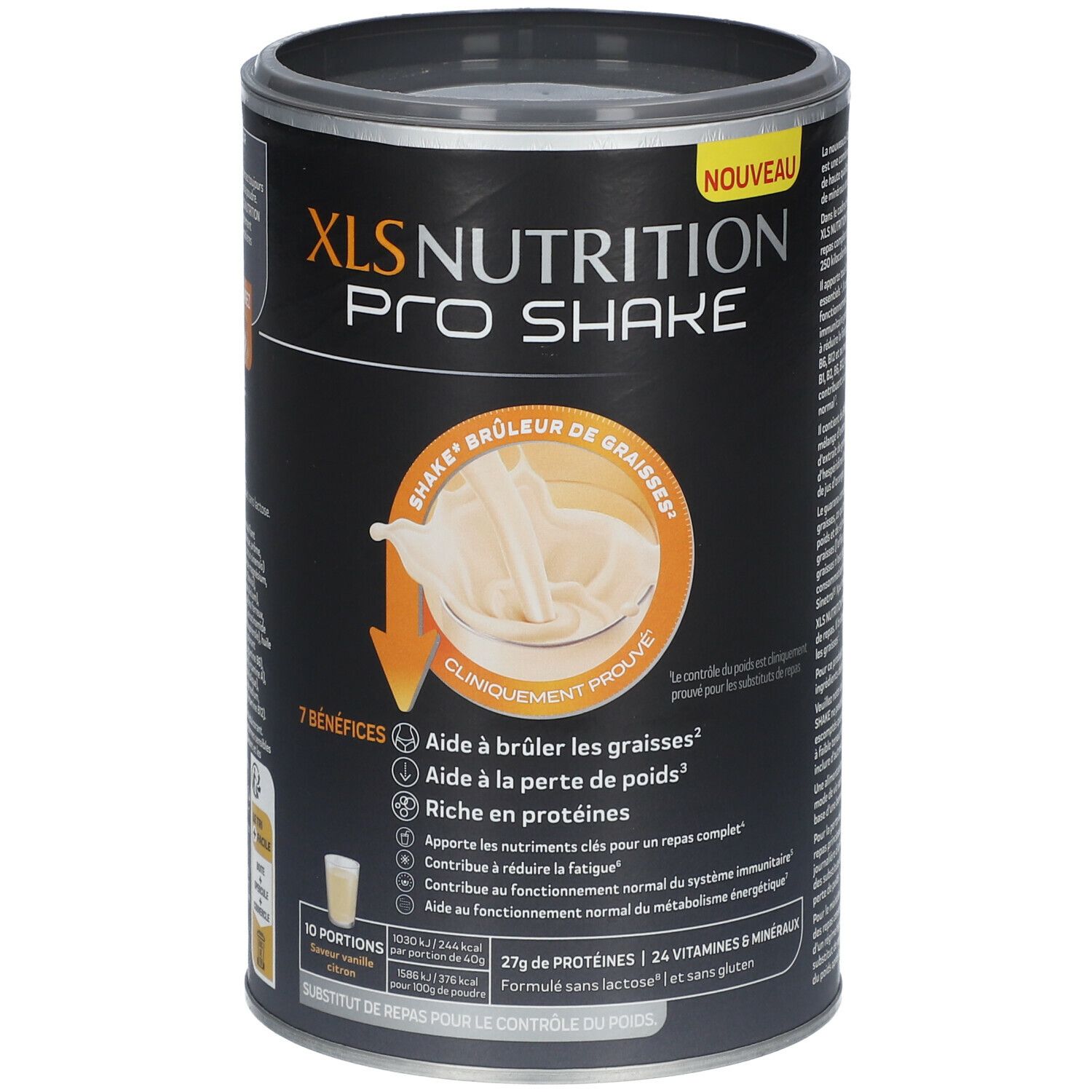 Boîte XLS Nutrition PRO SHAKE. Fond noir, nom du produit et image du contenu. 7 bénéfices, 27g protéines, 24 vitamines & minéraux.