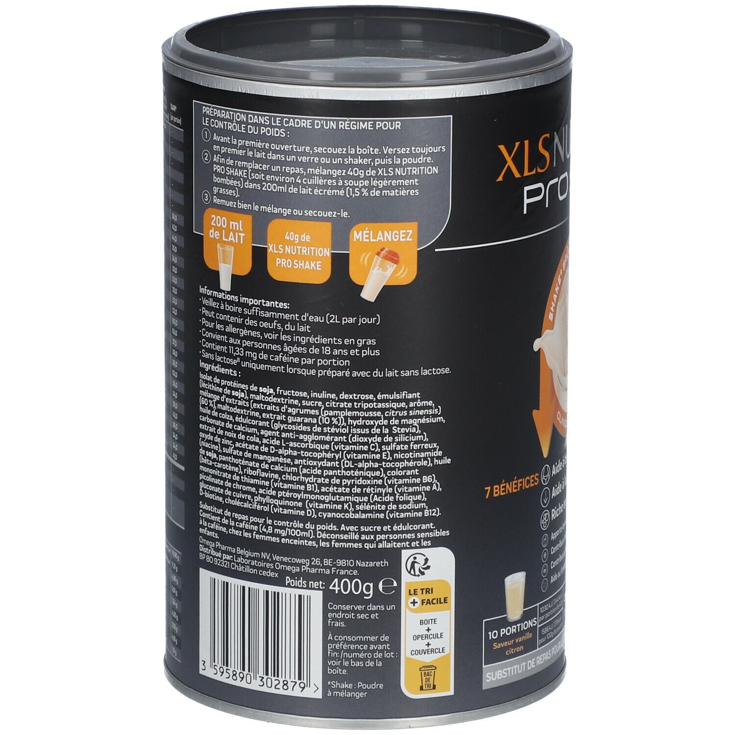 Dos de la boîte XLS Nutrition PRO SHAKE. Texte avec instructions de préparation et informations nutritionnelles. 10 portions, 400g.