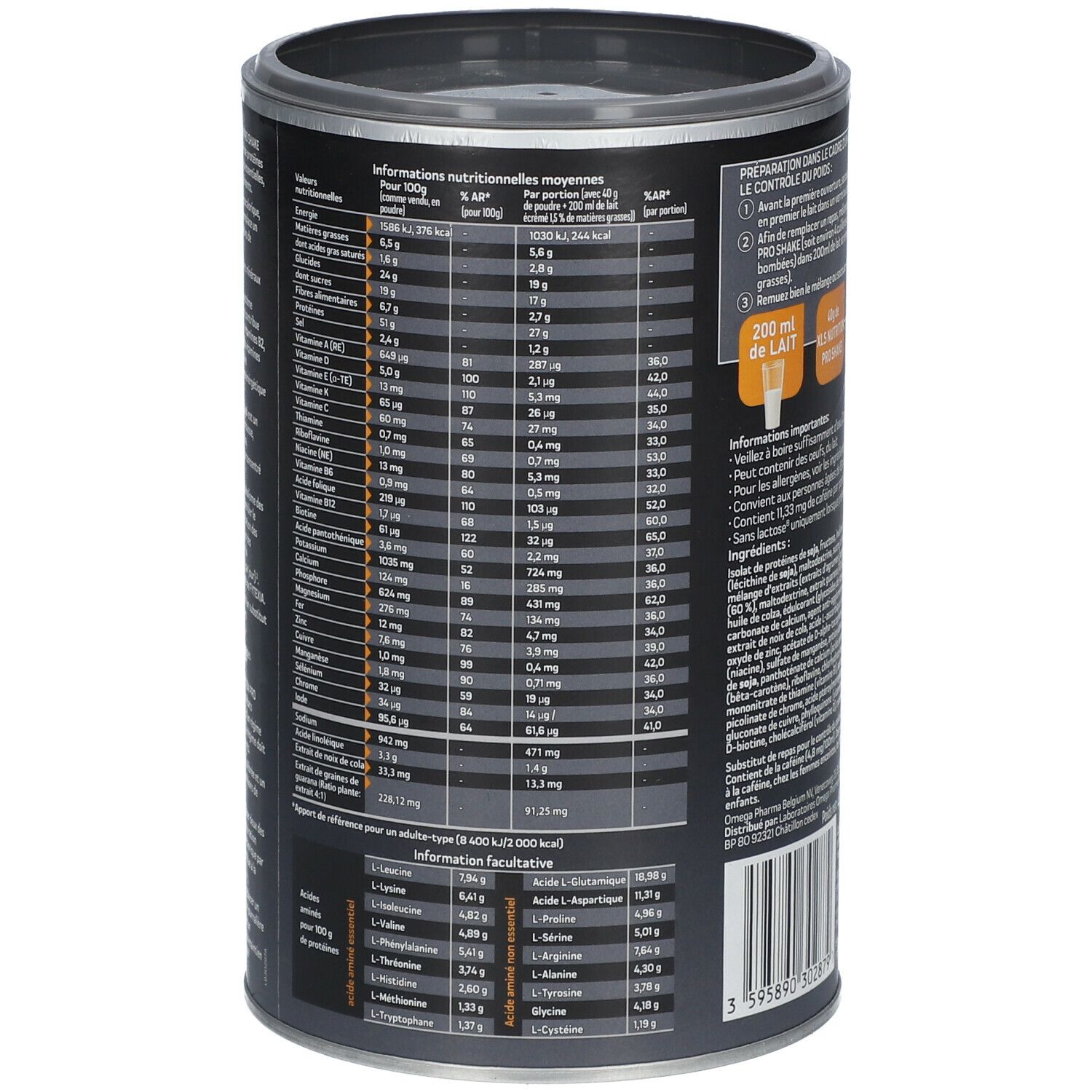 Dos de la boîte XLS Nutrition PRO SHAKE. Vue détaillée du tableau nutritionnel et des acides aminés. 400g.