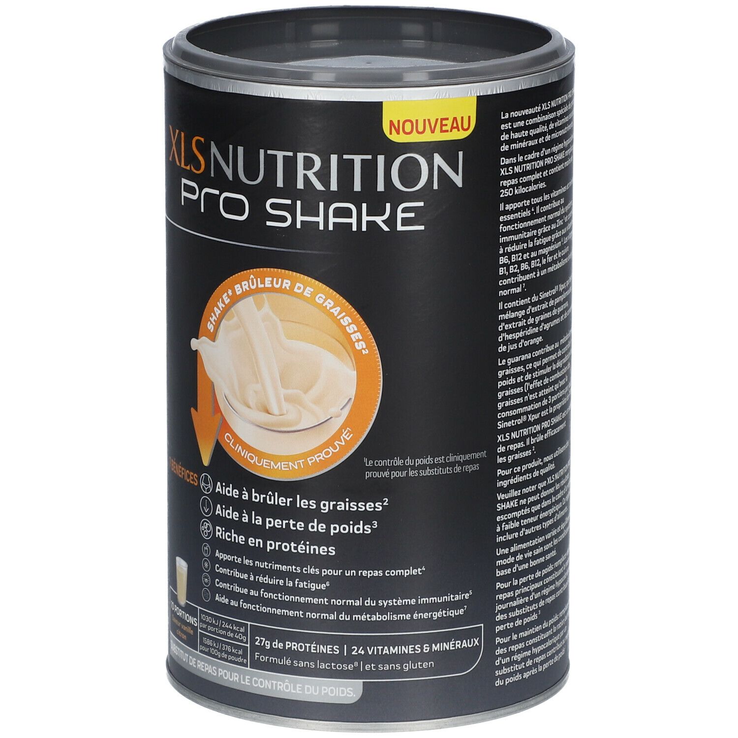 Boîte XLS Nutrition PRO SHAKE. Fond noir, nom du produit et image du contenu. 7 bénéfices, 27g protéines, 24 vitamines & minéraux.