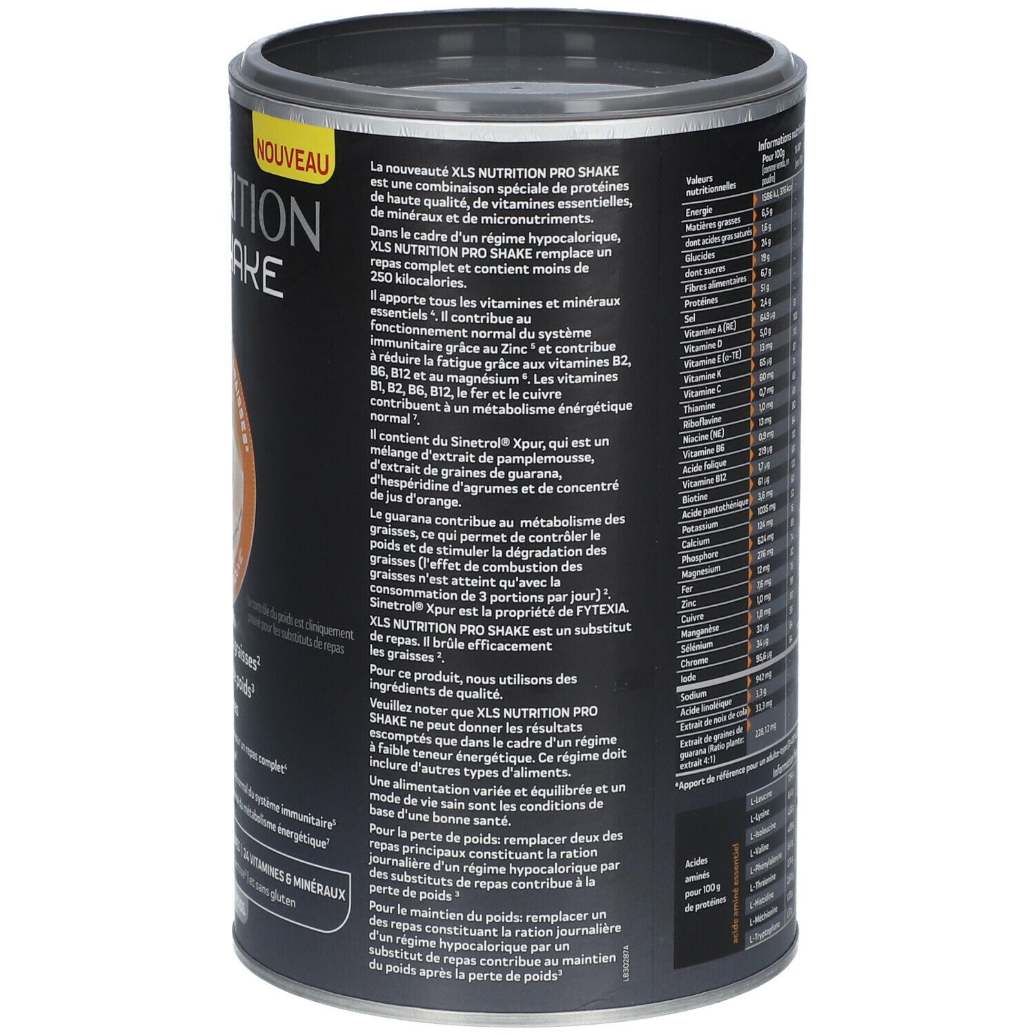 Dos de la boîte XLS Nutrition PRO SHAKE. Texte avec informations sur le produit et informations nutritionnelles. 400g.