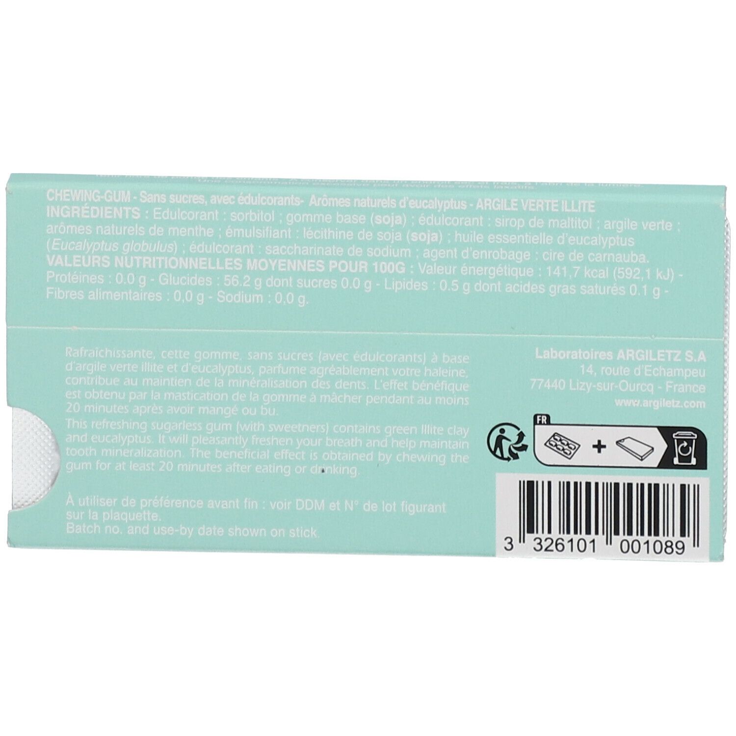 Dos de l'emballage Argiletz Argil'Gum Eukalyptus. Texte multilingue. Contient liste des ingrédients, informations nutritionnelles et coordonnées du fabricant.