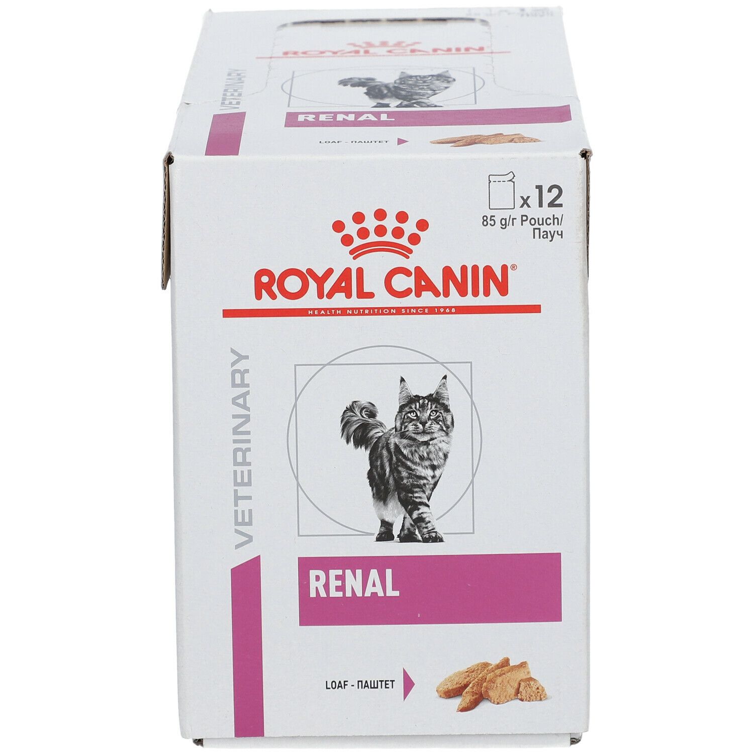Boîte ROYAL CANIN Renal Katze. Inscription: ROYAL CANIN, Renal, x12, sachets de 85 g. Image d'un chat.