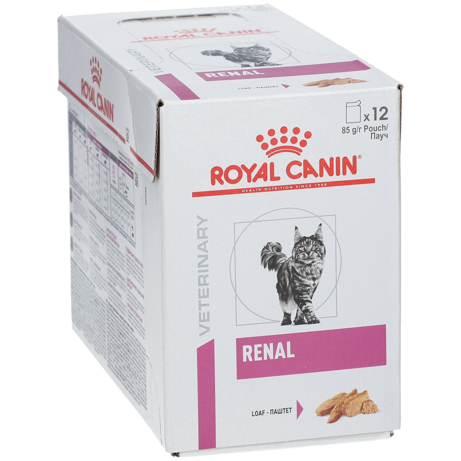 Boîte ROYAL CANIN Renal Katze. Inscription: ROYAL CANIN, Renal, x12, sachets de 85 g. Image d'un chat.