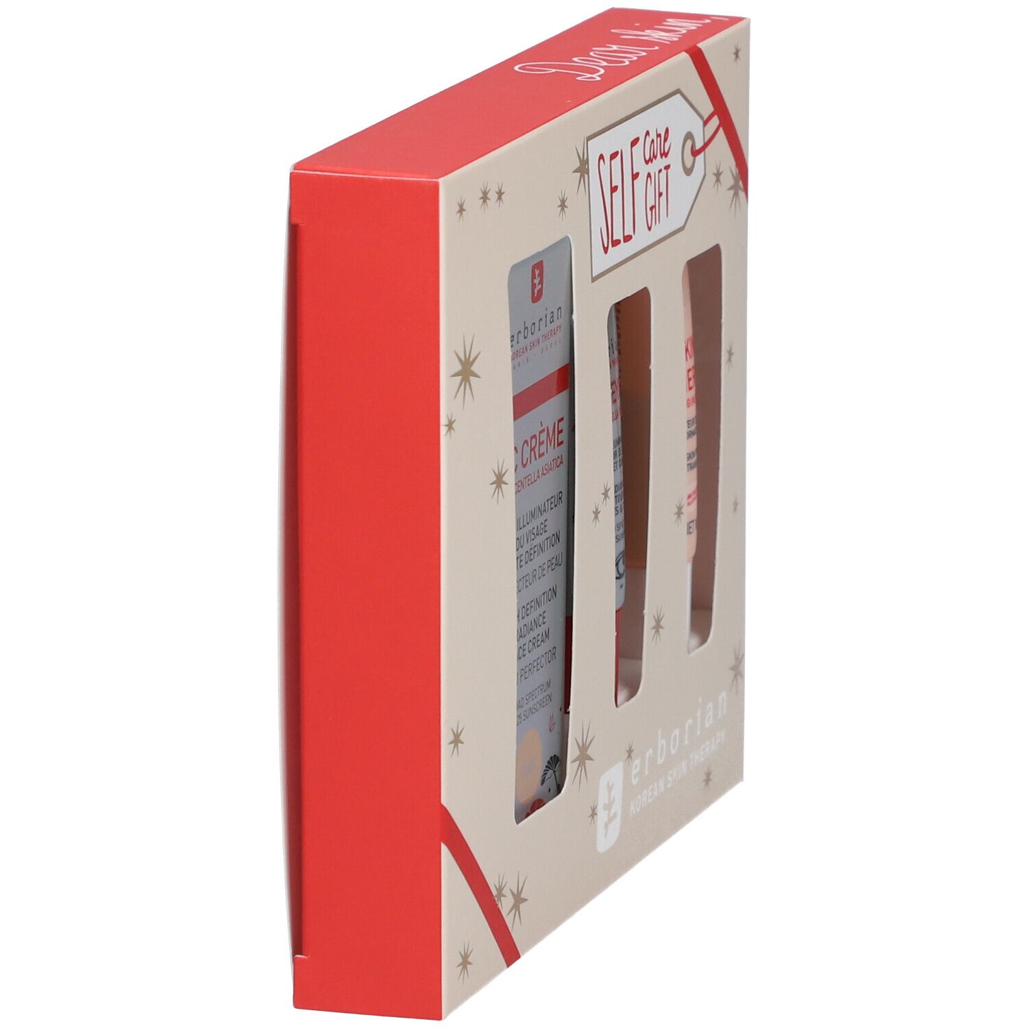 Vue latérale du coffret cadeau. Côté rouge et face crème avec fenêtres produits. Logo Erborian.