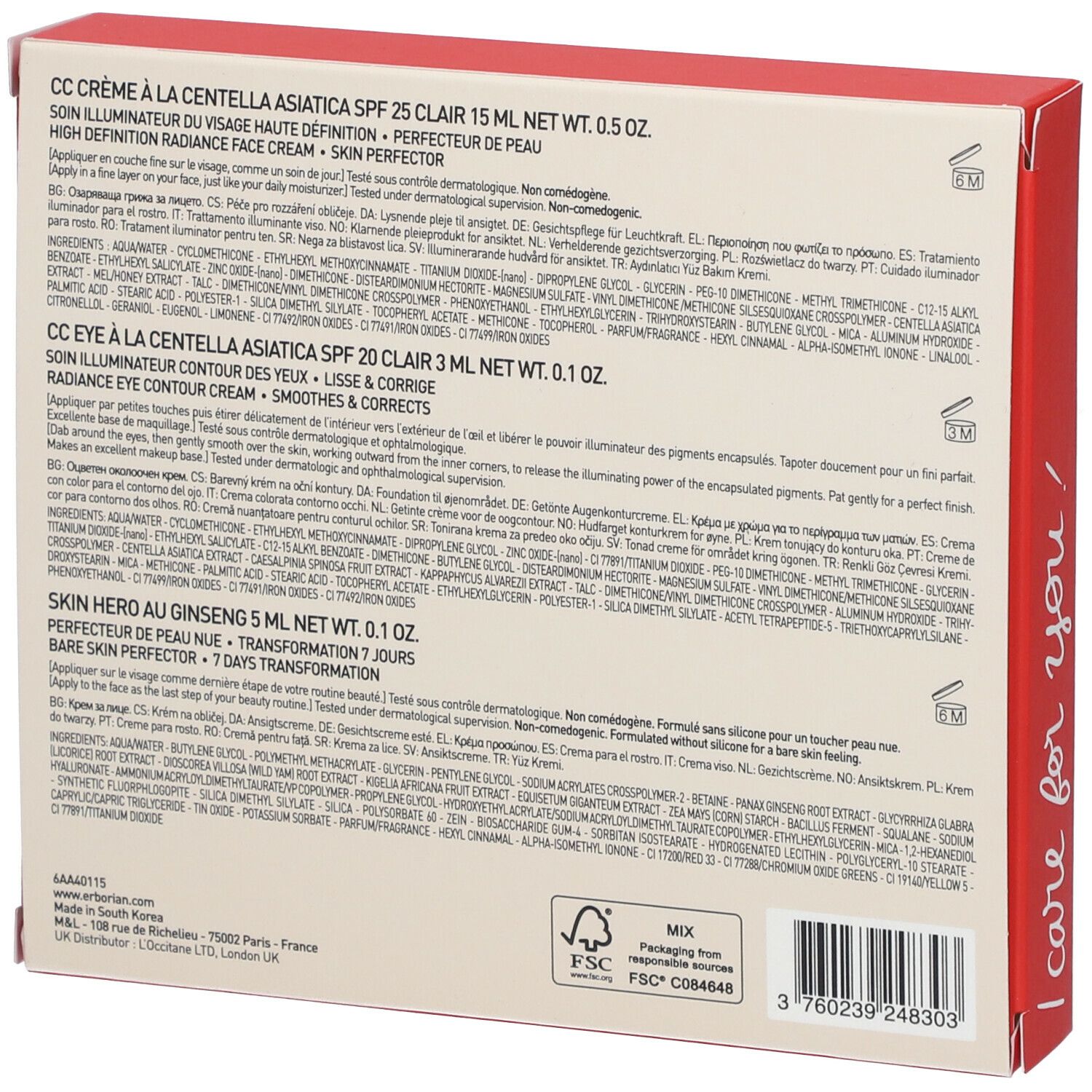Dos du coffret cadeau avec informations produits. Texte multilingue. Logo FSC et code-barres.
