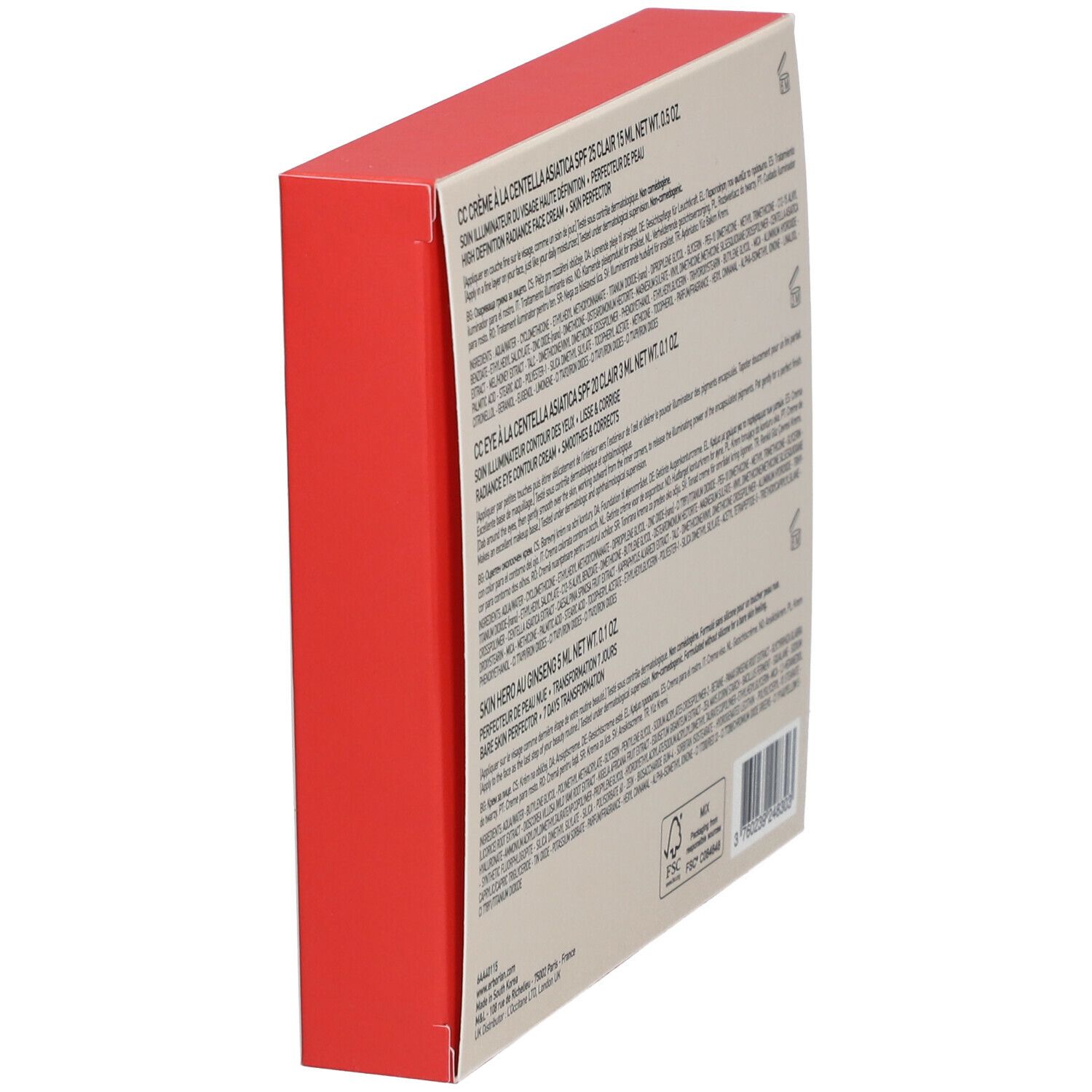 Vue latérale du coffret cadeau. Côté rouge et dos crème avec texte. Logo FSC et code-barres.