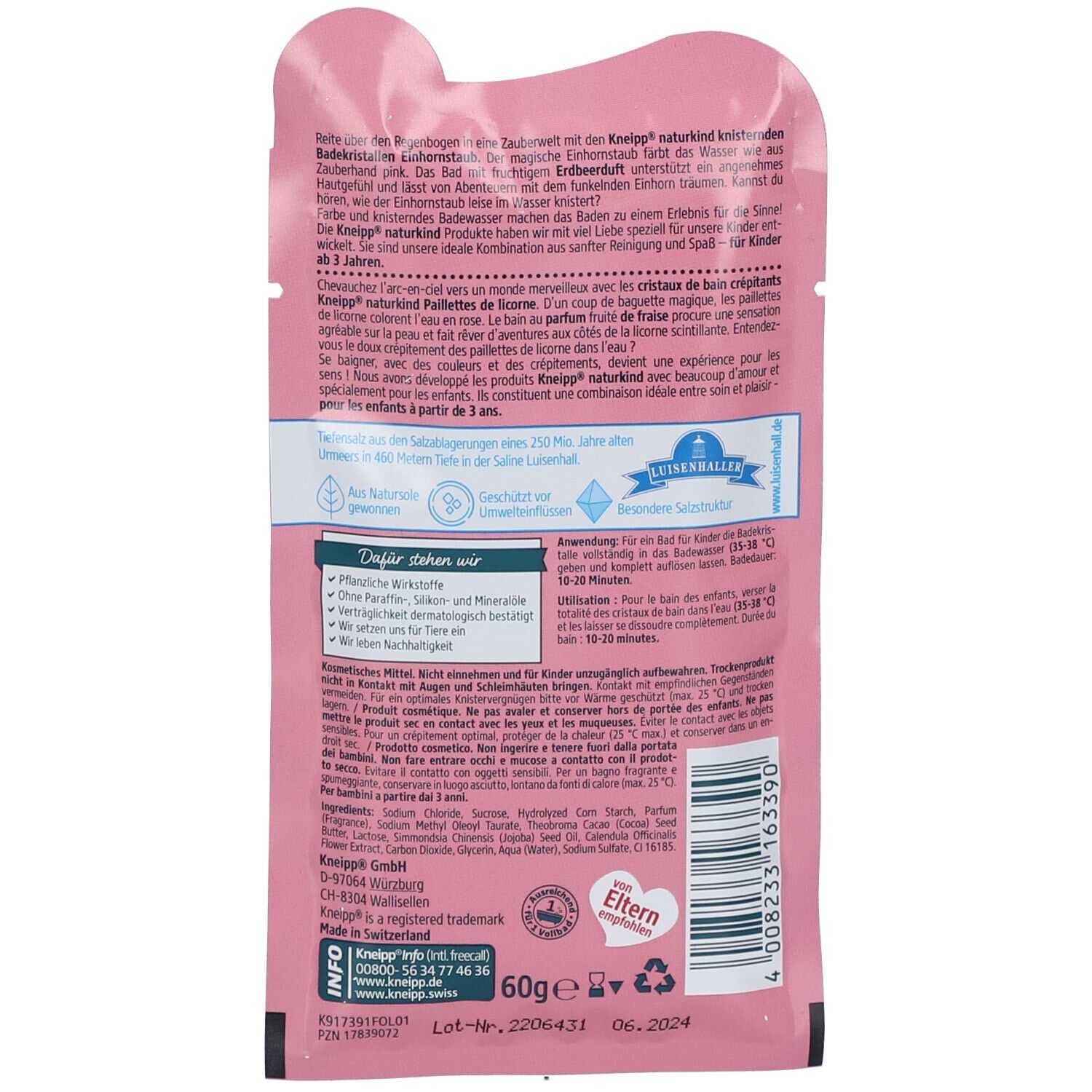 Dos du sachet rose. Texte en allemand et en français. Contient des informations et des ingrédients.