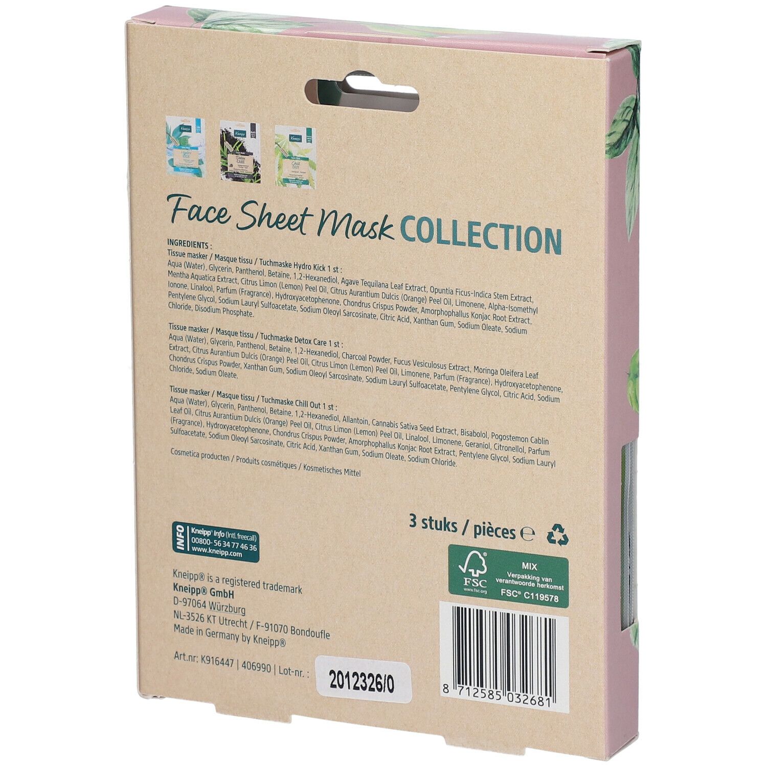 Achterkant Kneipp Face Sheet Mask Collection. Ingrediënten en informatie. FSC-certificering.