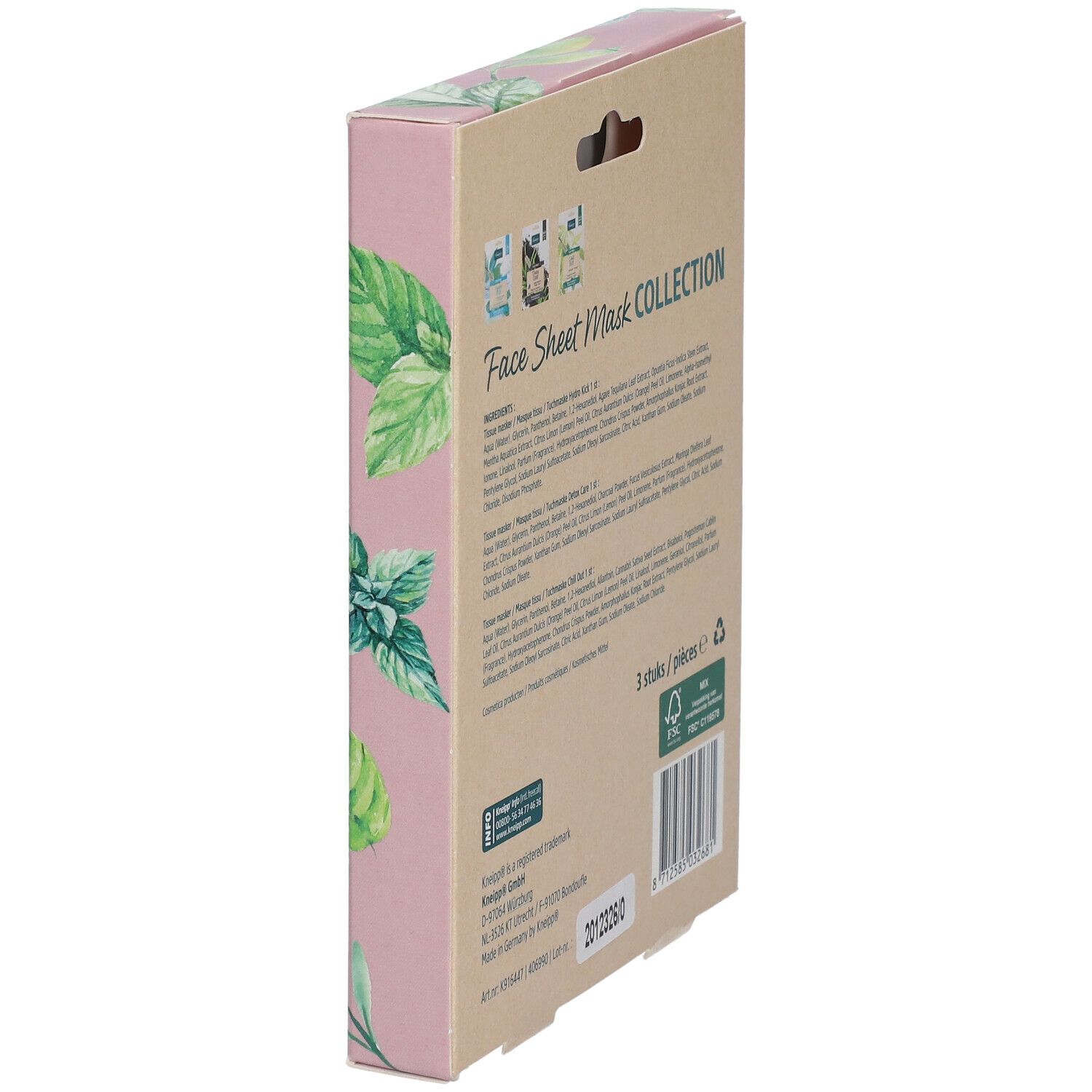 Kneipp Face Sheet Mask. Zijaanzicht met ingrediënten en informatie. FSC-certificering.