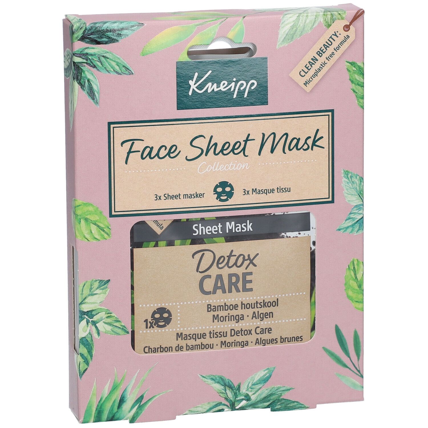 Kneipp Face Sheet Mask Collection. Roze verpakking met bladeren. Venster met maskers. "Detox Care"-logo.