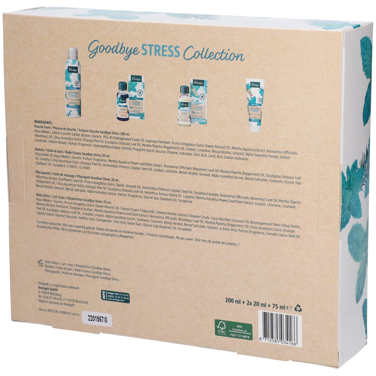 Dos du coffret Kneipp® Goodbye Stress. Ingrédients, illustrations des produits et quantités. Certification FSC.