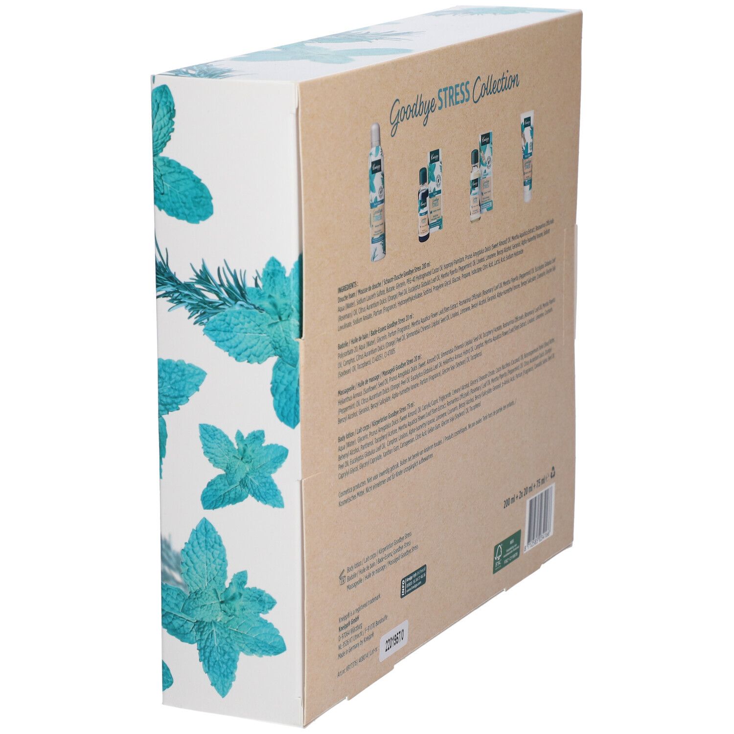 Vue latérale du coffret Kneipp® Goodbye Stress. Motif floral et illustrations des produits. Certification FSC et quantités.