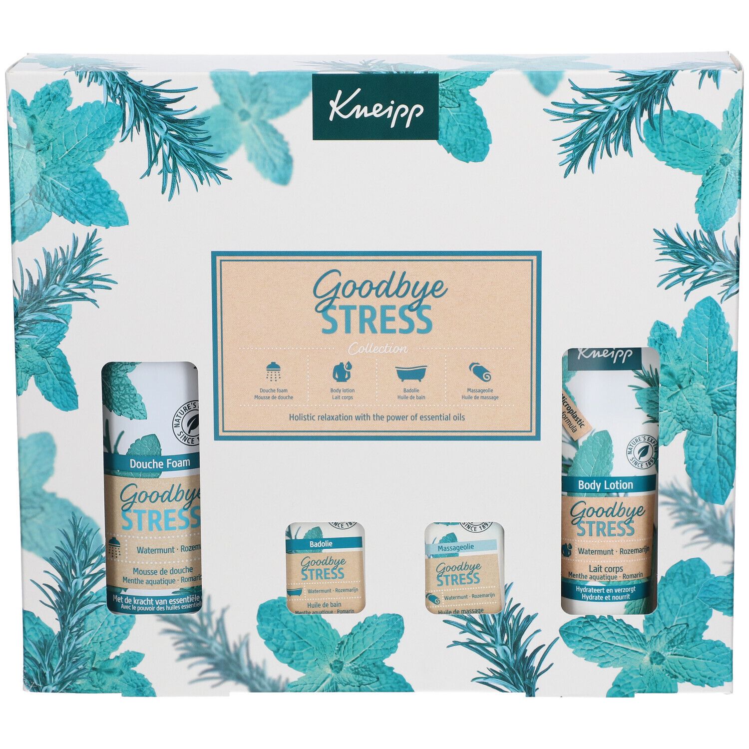 Coffret Kneipp® Goodbye Stress avec mousse de douche, lotion pour le corps et savons. Emballage floral et nom du produit.