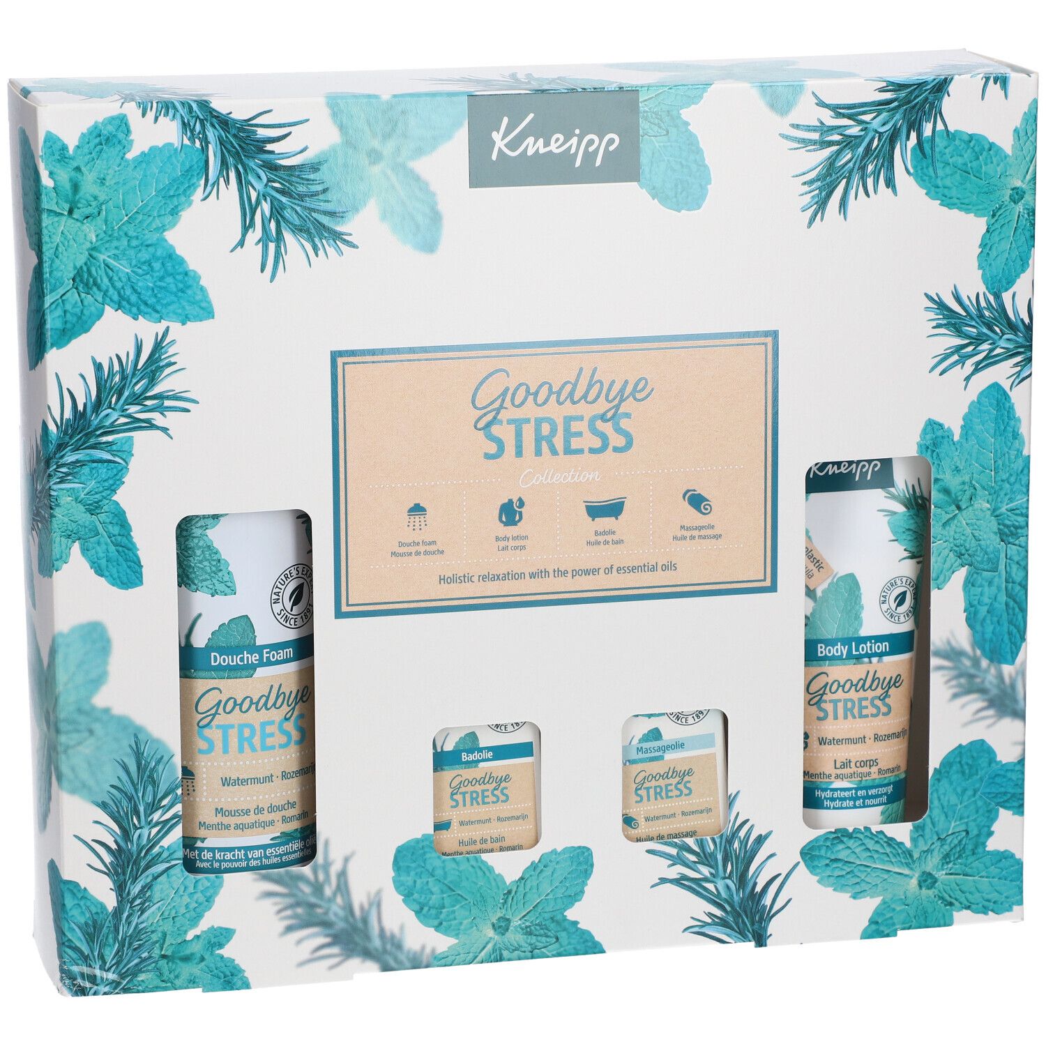 Coffret Kneipp® Goodbye Stress avec mousse de douche, lotion pour le corps et savons. Emballage floral et nom du produit.