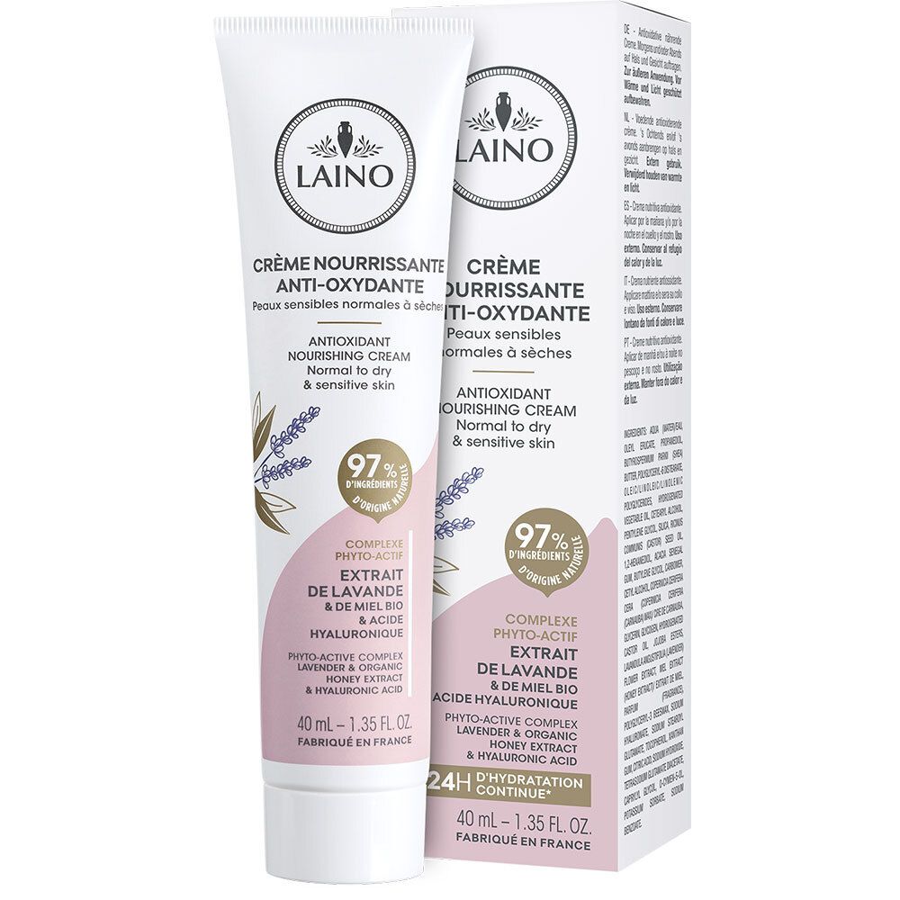 Tube et boîte LAINO Crème Nourrissante Anti-oxydante. Informations en français. 97% ingrédients naturels. 40 ml.