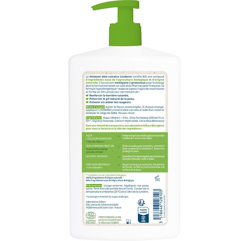 Dos du flacon blanc. Texte avec ingrédients et informations sur le produit. Certification bio.
