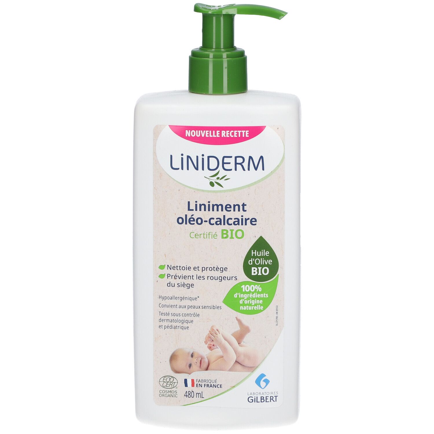 Flacon blanc avec pompe verte. Inscription : LiNiDERM, Oléo-calcair BIO. Contient de l'huile d'olive. Certifié BIO. Image bébé.