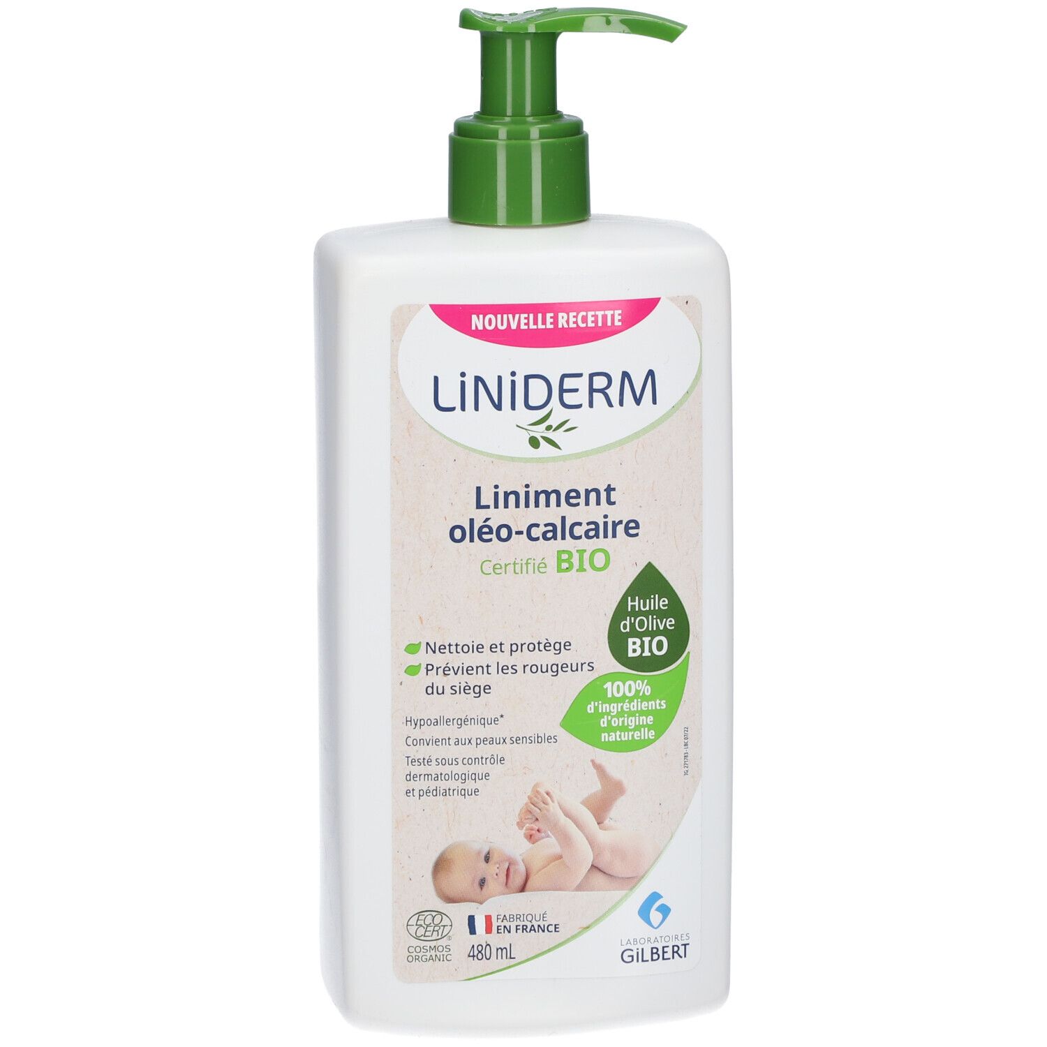 Flacon blanc avec pompe verte. Inscription : LiNiDERM, Oléo-calcair BIO. Contient de l'huile d'olive. Certifié BIO. Image bébé.