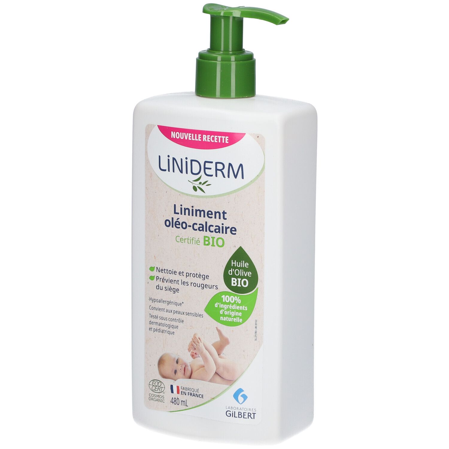 Flacon blanc avec pompe verte. Inscription : LiNiDERM, Oléo-calcair BIO. Contient de l'huile d'olive. Certifié BIO. Image bébé.
