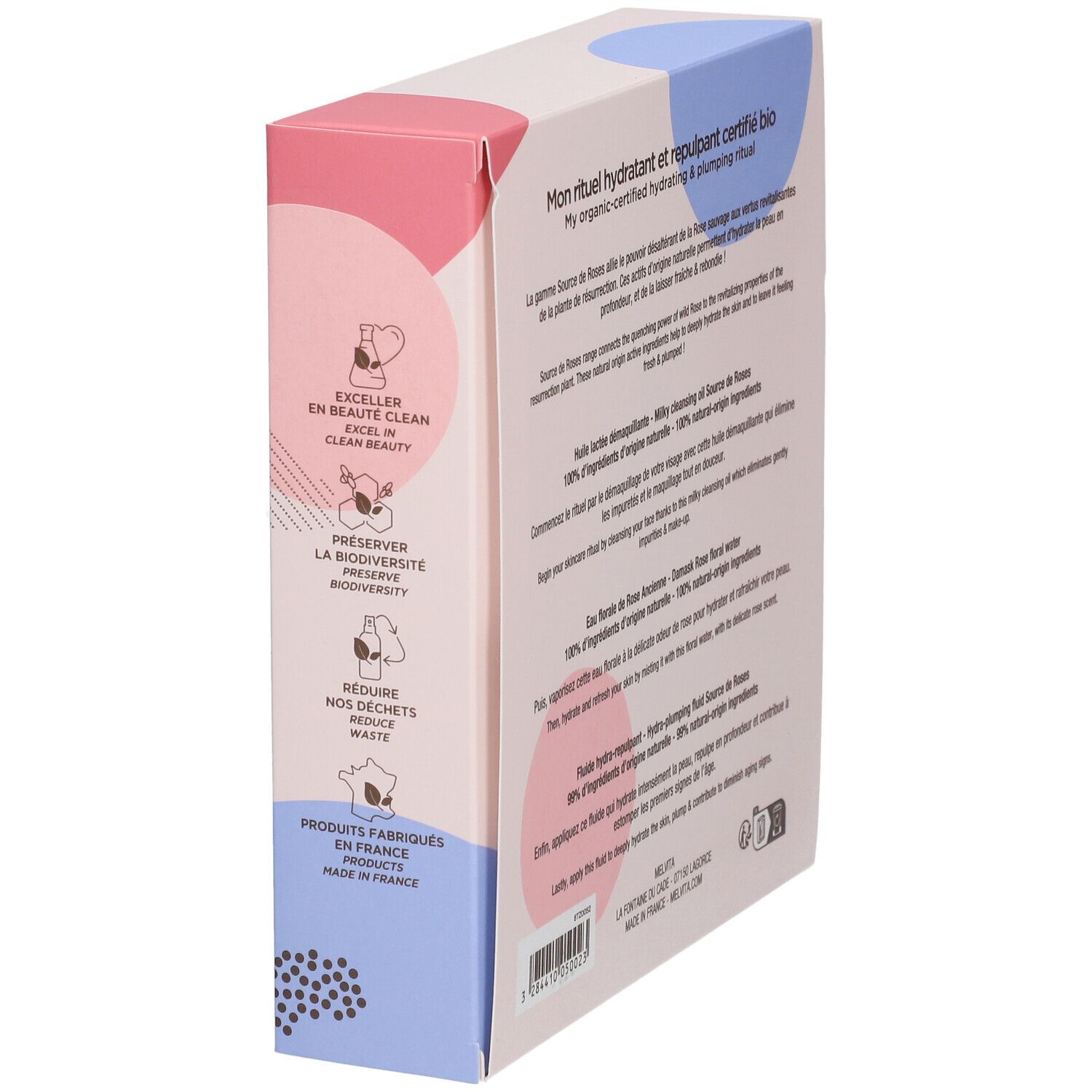 Geschenkbox, rechteckig, mit Text. Beschreibungen auf Französisch. Text: Produkte hergestellt in Frankreich. 100% recycelbar.