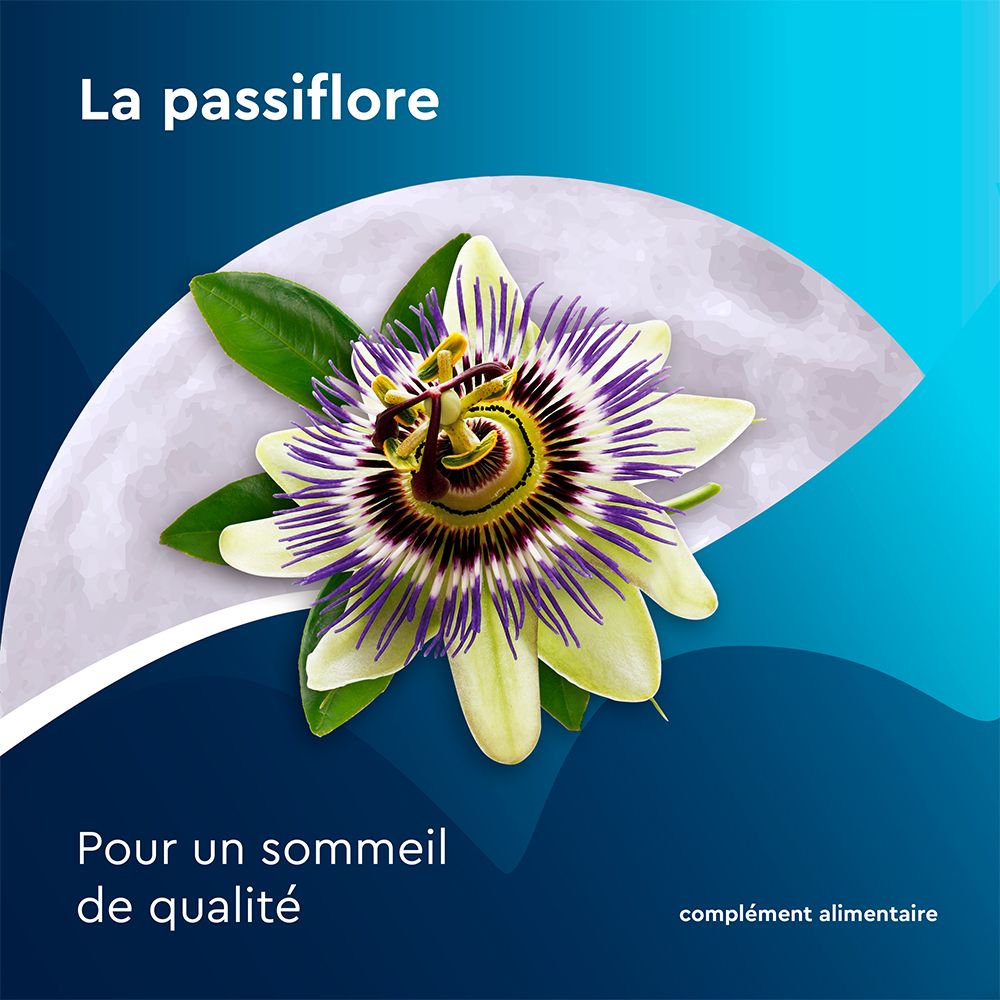 Gros plan d'une fleur de la passion. Texte : La passiflore. Pour un sommeil de qualité. Complément alimentaire.