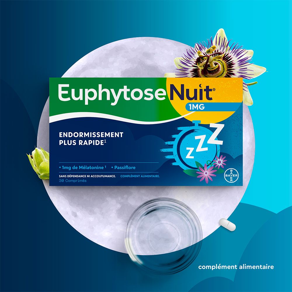Boîte Euphytose Nuit, 1mg, Endormissement plus rapide, 30 comprimés. Fleur de la passion, lune, verre, comprimé.