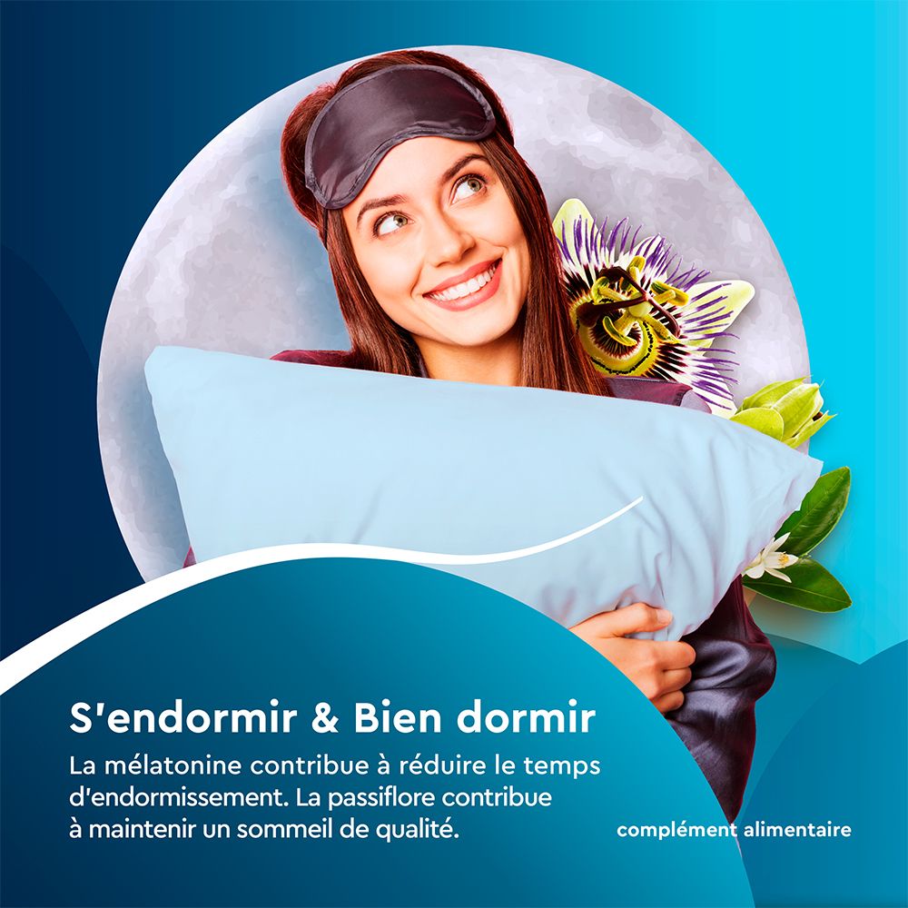 Femme avec masque de sommeil et oreiller. Texte : S'endormir & Bien dormir. Complément alimentaire.