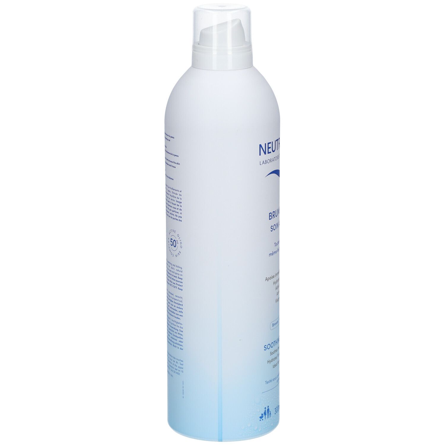 Neutraderm-Flasche, Seitenansicht. Weiß-blaue Flasche mit Sprühkopf. Text und Informationen auf der Flaschenseite.