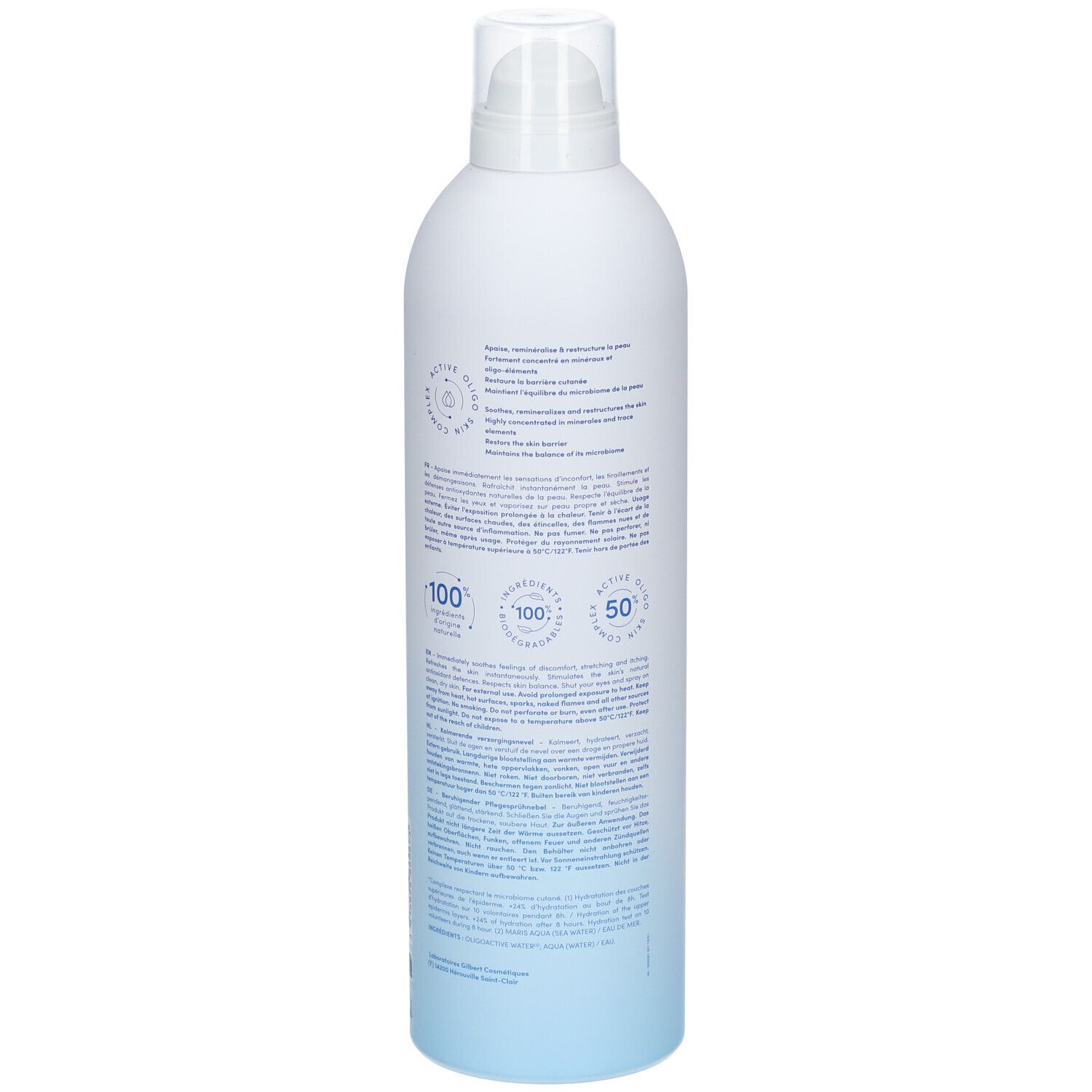 Rückseite der Neutraderm-Flasche. Weiß-blaue Flasche mit Text und Informationen. Qualitätszeichen.