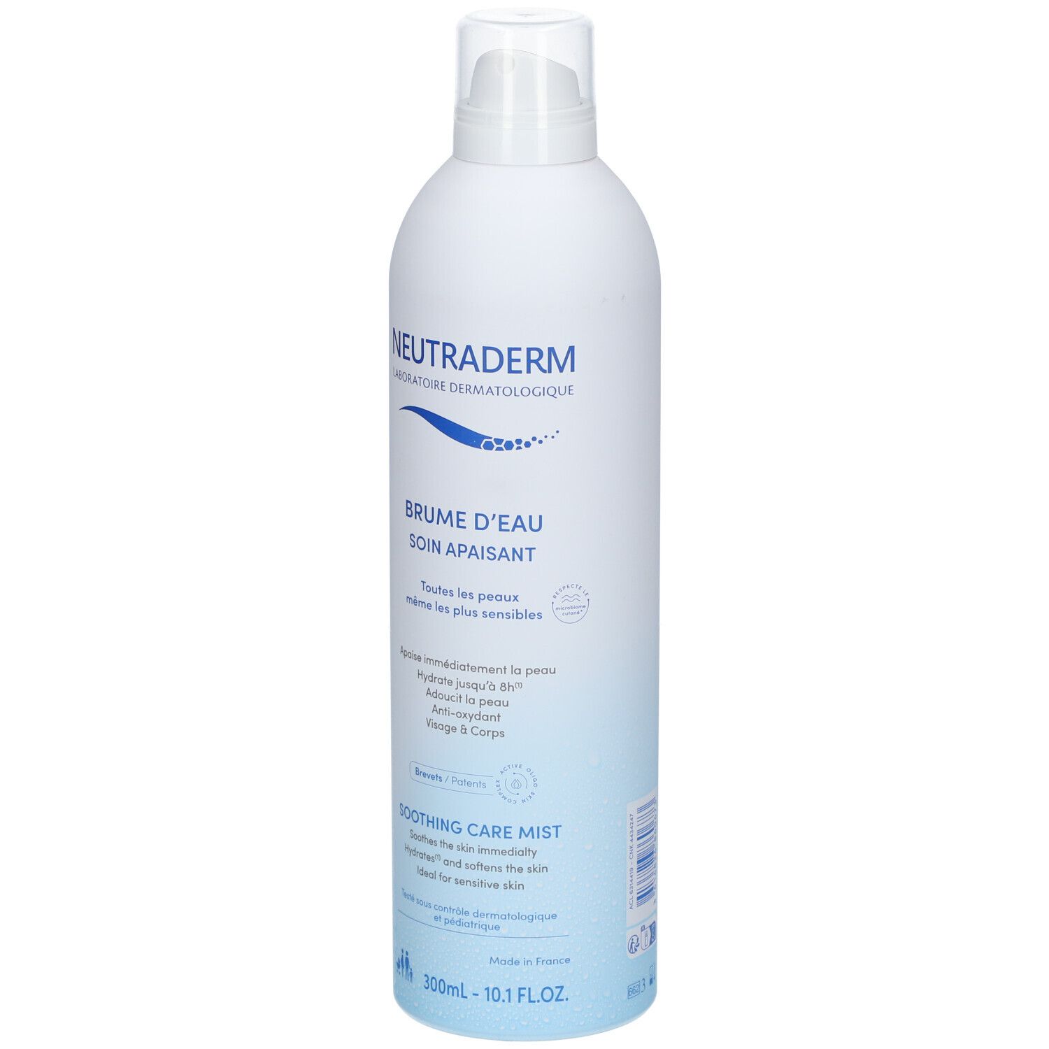 Neutraderm Wassernebel-Flasche. Weiß-blaue Flasche mit Sprühkopf. Text: Brume d'Eau, Soin Apaisant, Soothing Care Mist.