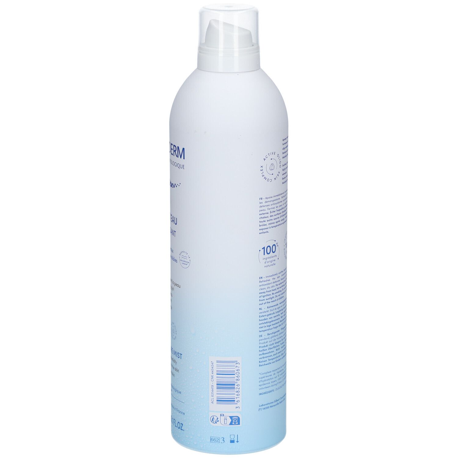 Neutraderm-Flasche, Seitenansicht. Weiß-blaue Flasche mit Sprühkopf. Text und Informationen auf der Flaschenseite.
