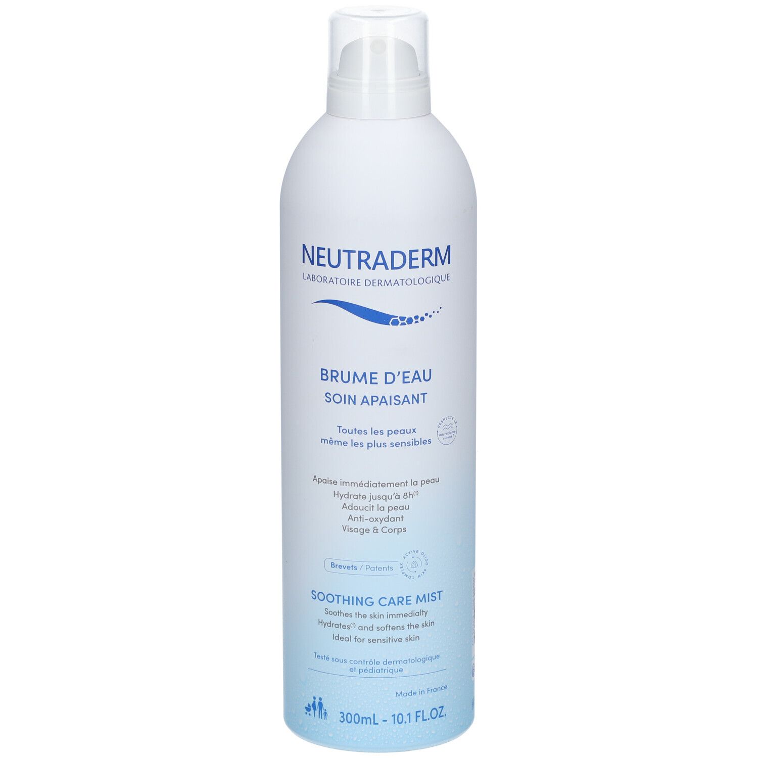 Neutraderm Wassernebel-Flasche. Weiß-blaue Flasche mit Sprühkopf. Text: Brume d'Eau, Soin Apaisant, Soothing Care Mist.